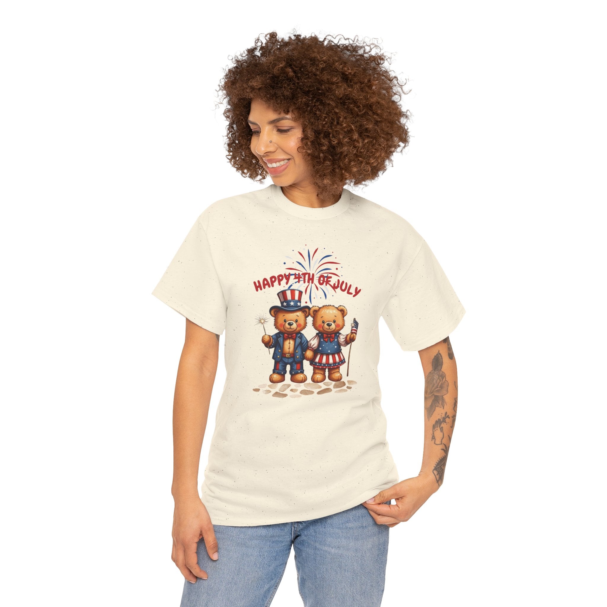 Happy 4th of July Teddy Bear Couple Unisex Heavy Cotton Tee
