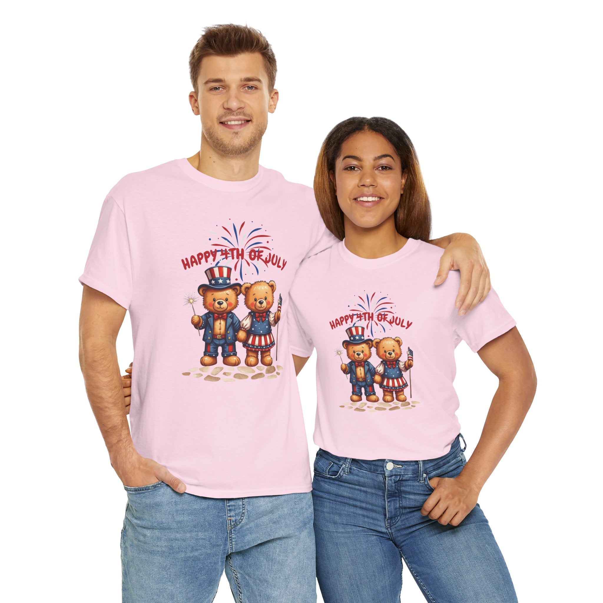 Happy 4th of July Teddy Bear Couple Unisex Heavy Cotton Tee