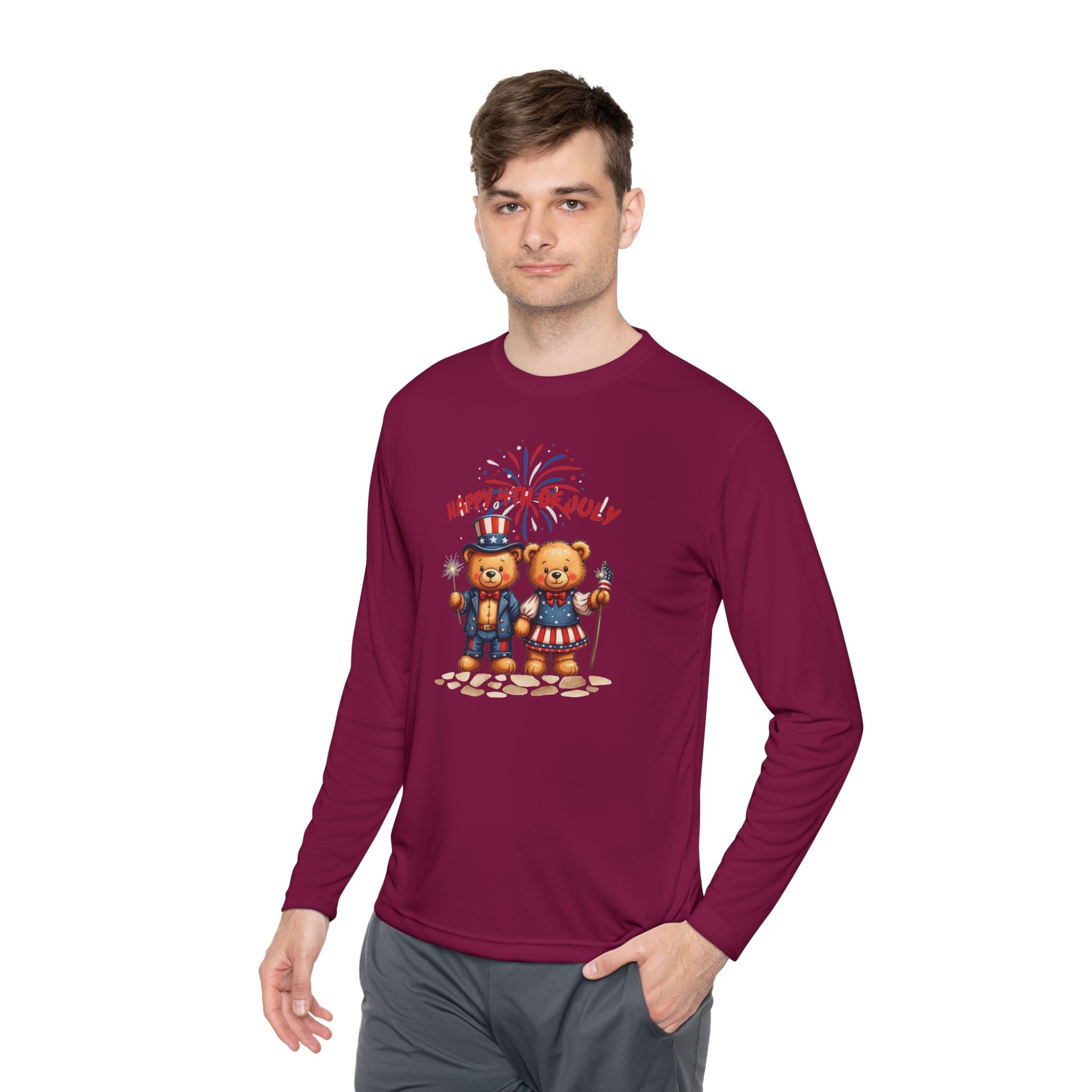 Happy 4th of July Teddy Bear Couple  Unisex Lightweight Long Sleeve Tee