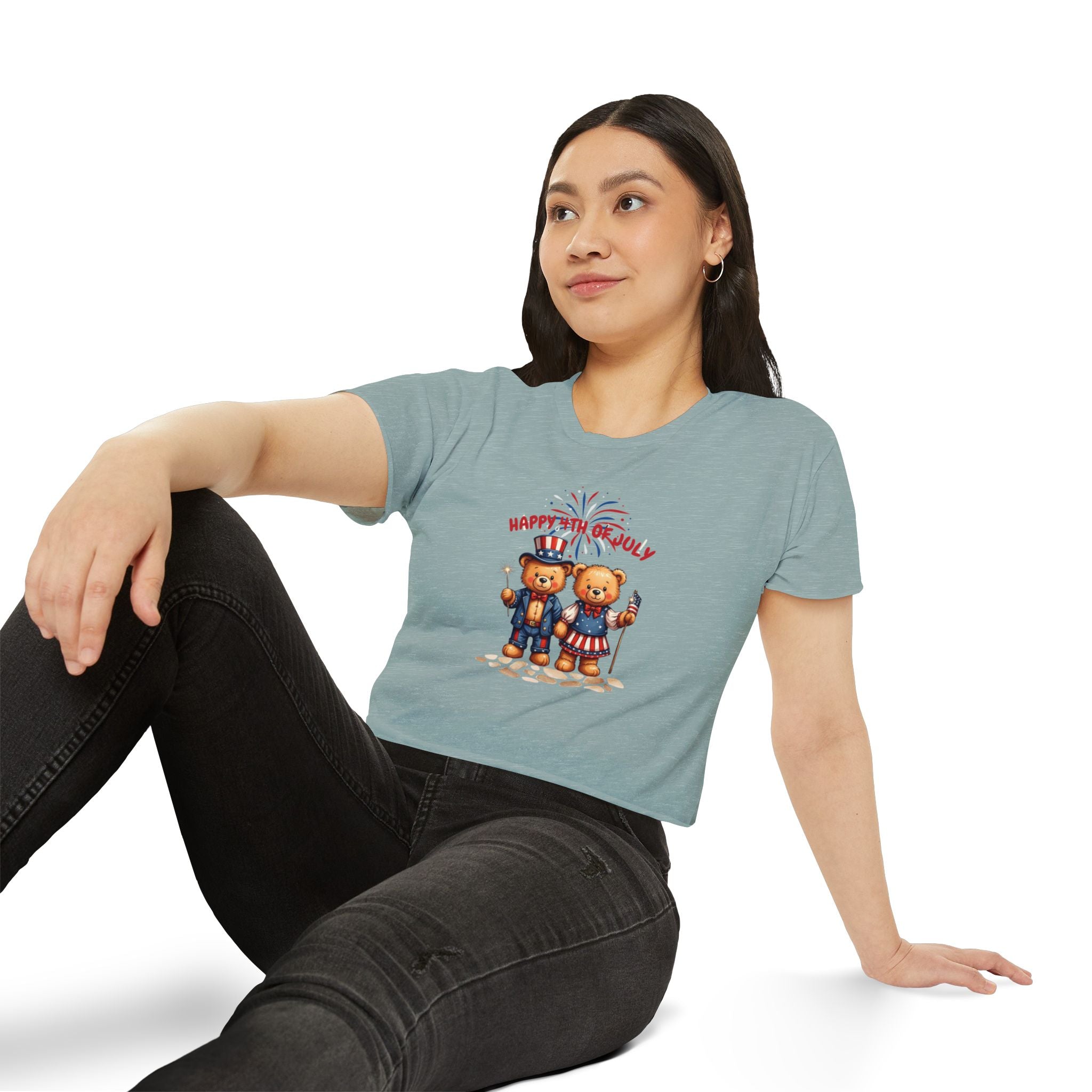 Happy 4th of July Teddy Bear Couple  Crop Top