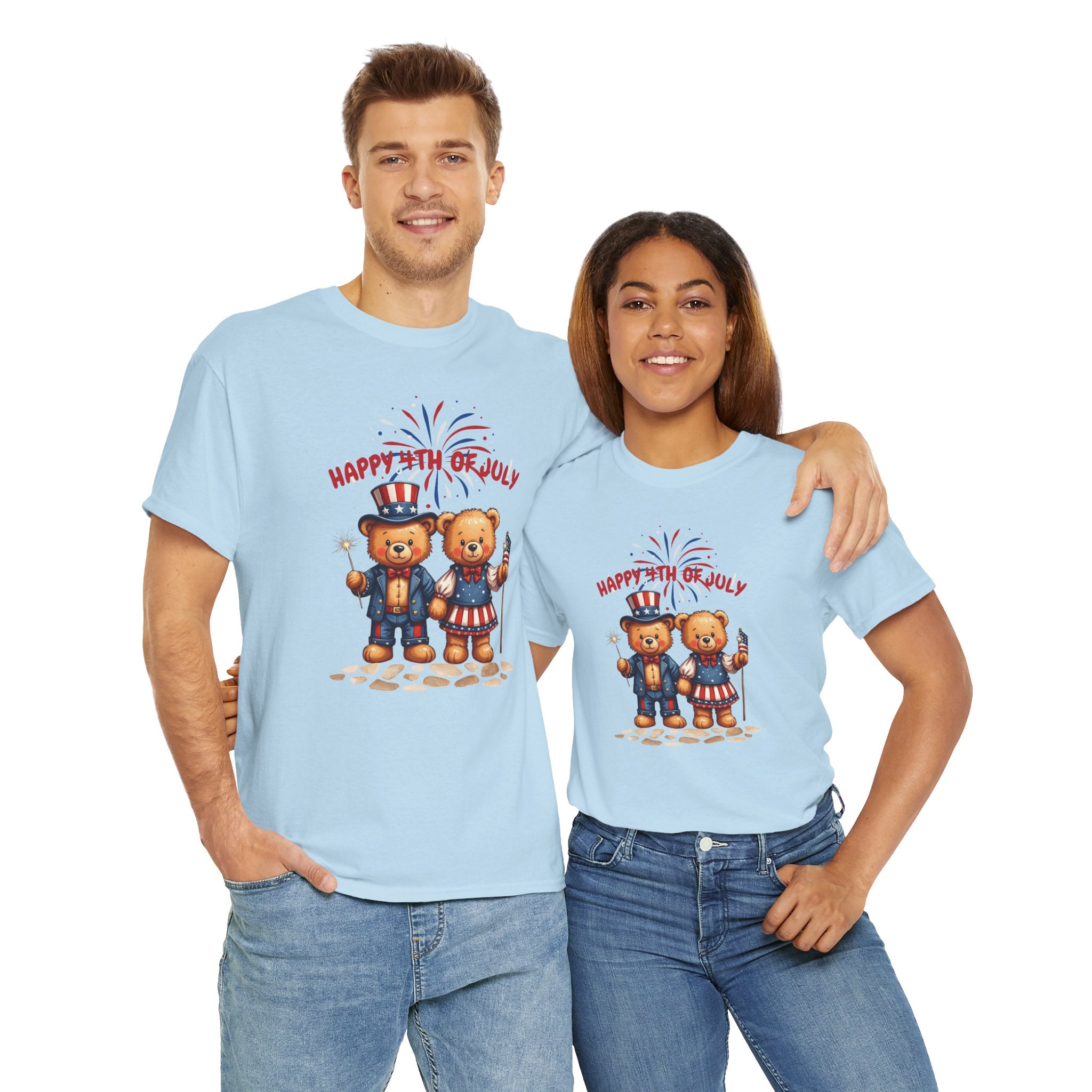 Happy 4th of July Teddy Bear Couple Unisex Heavy Cotton Tee