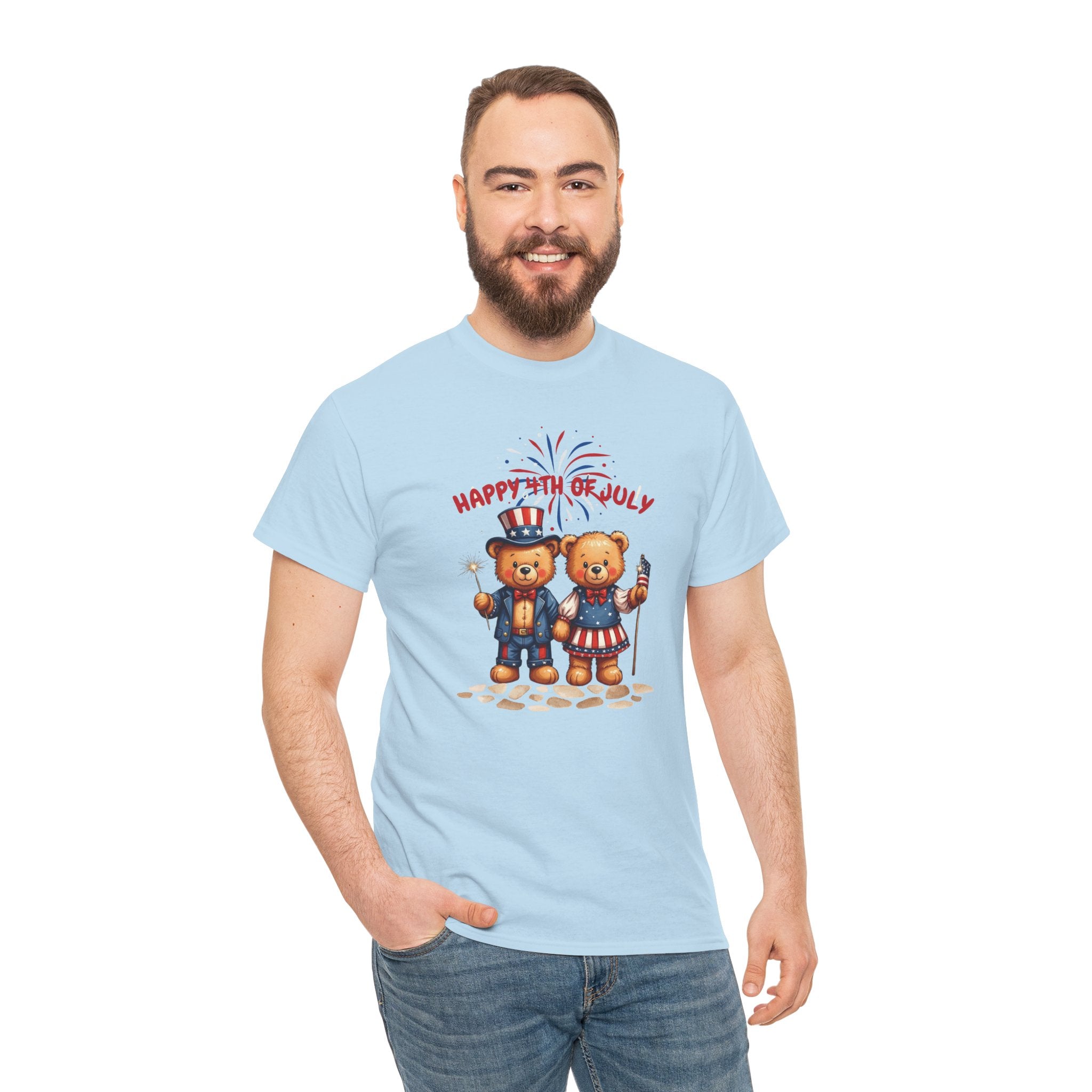 Happy 4th of July Teddy Bear Couple Unisex Heavy Cotton Tee