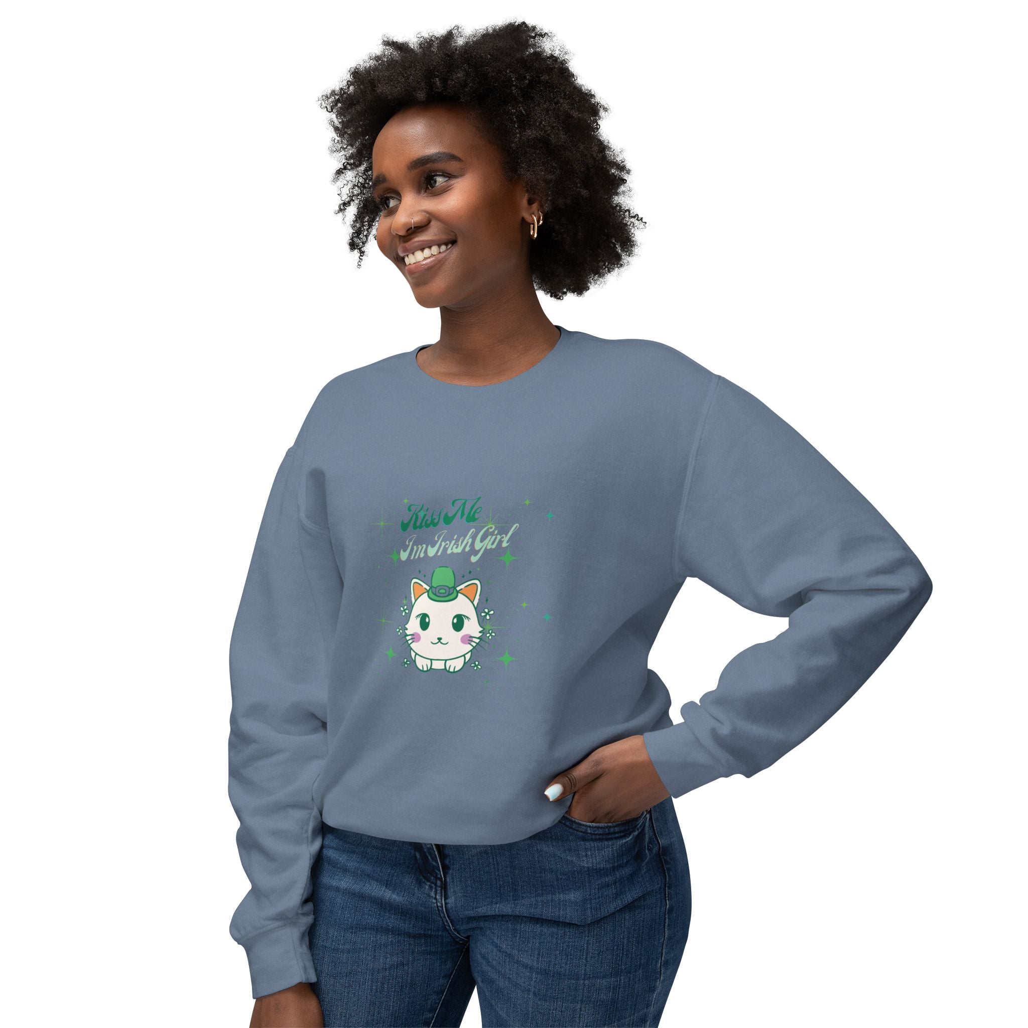 Kiss Me I'm Irish Cat Unisex Lightweight Crewneck Sweatshirt