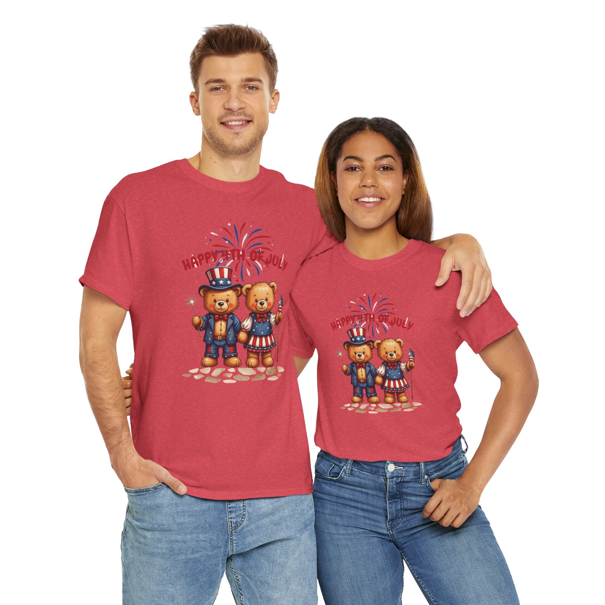 Happy 4th of July Teddy Bear Couple Unisex Heavy Cotton Tee