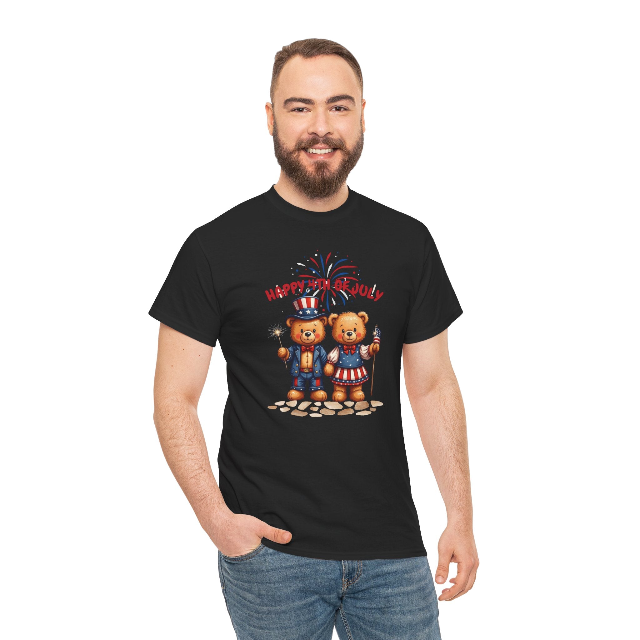 Happy 4th of July Teddy Bear Couple Unisex Heavy Cotton Tee