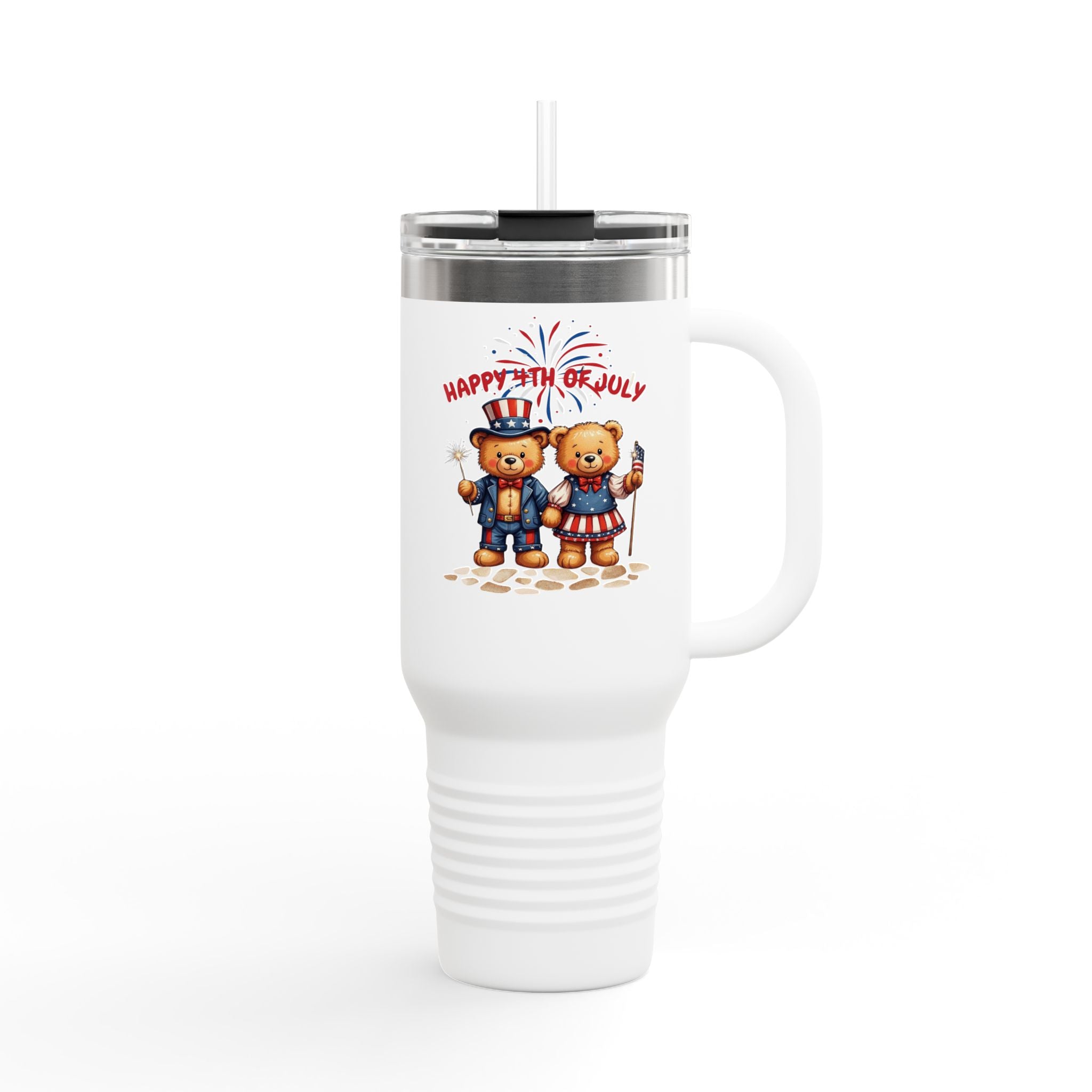 Happy 4th of July Teddy Bear Couple Insulated Travel Mug, 40oz