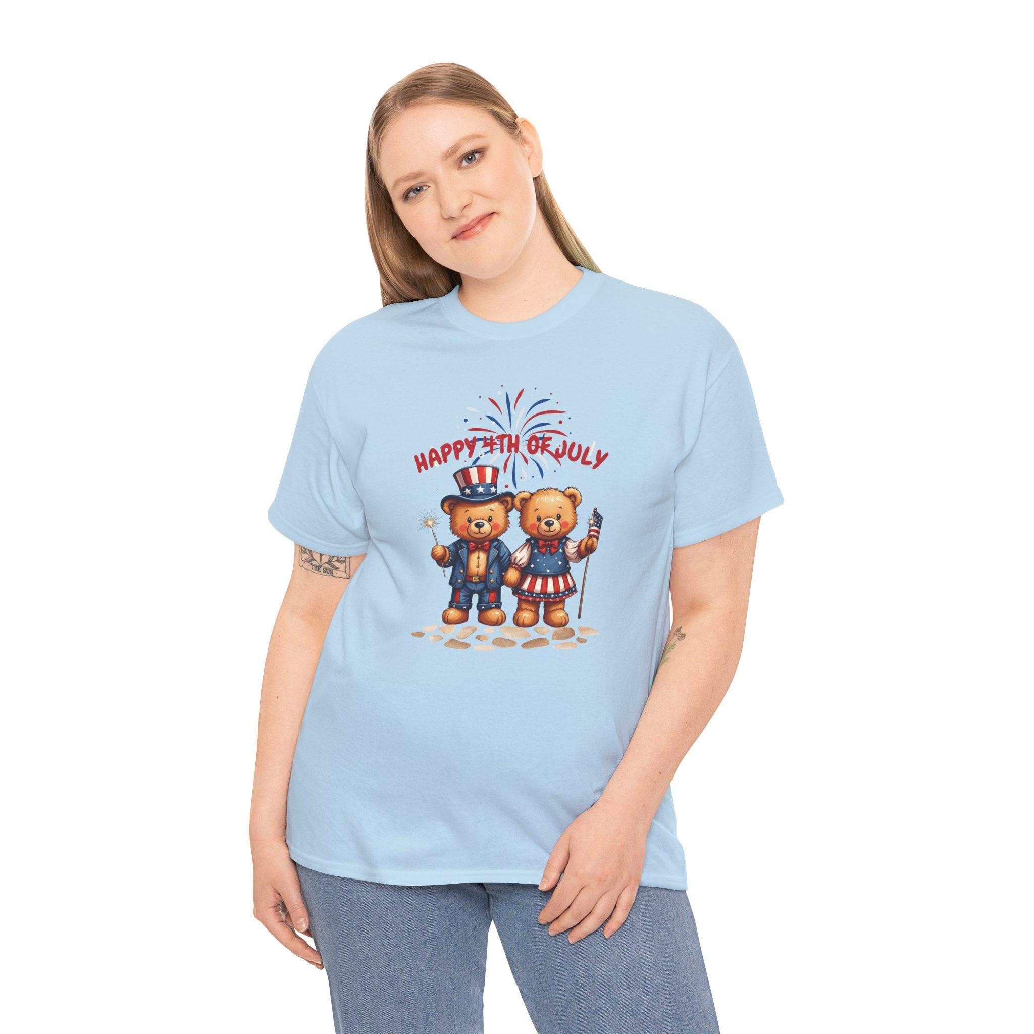 Happy 4th of July Teddy Bear Couple Unisex Heavy Cotton Tee