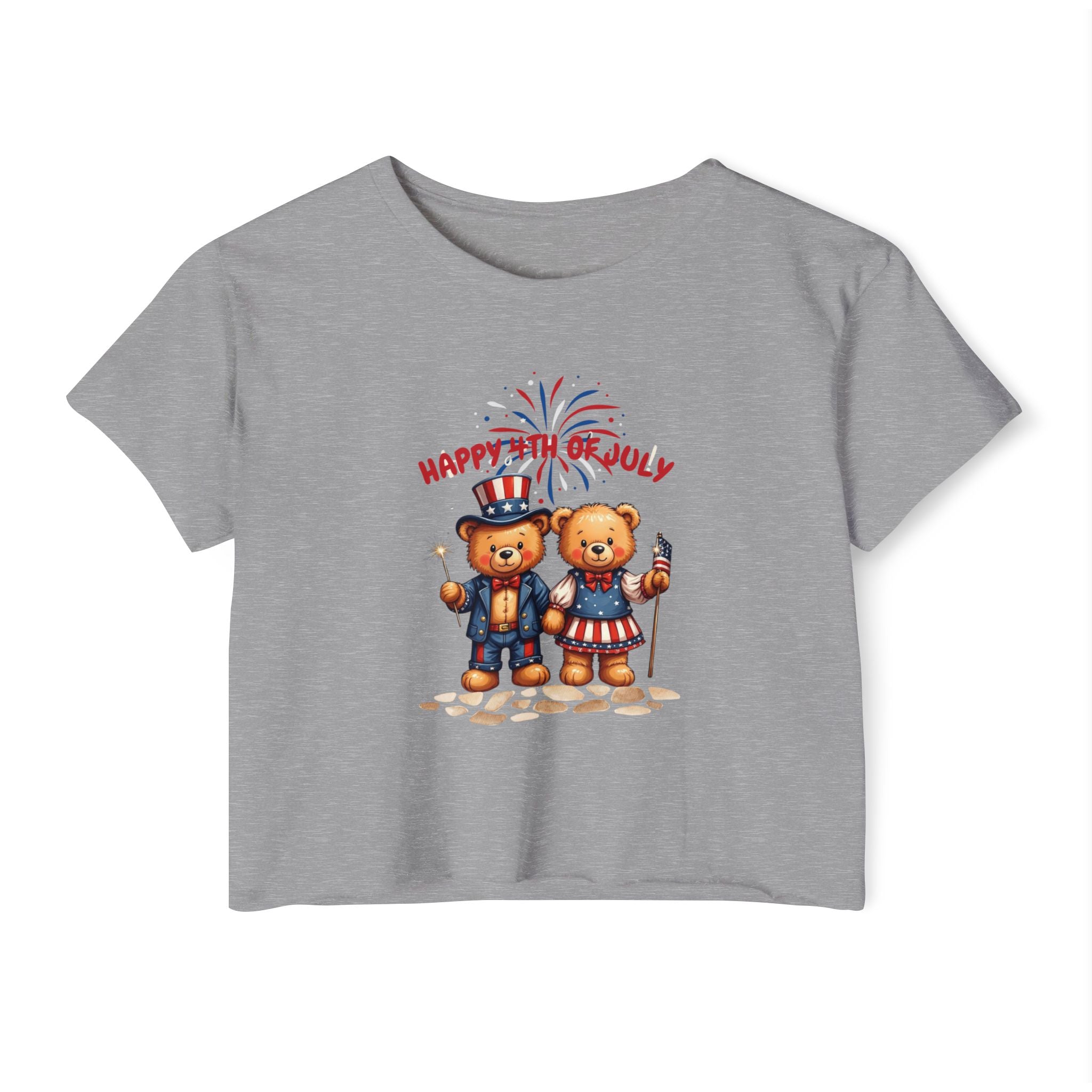 Happy 4th of July Teddy Bear Couple  Crop Top
