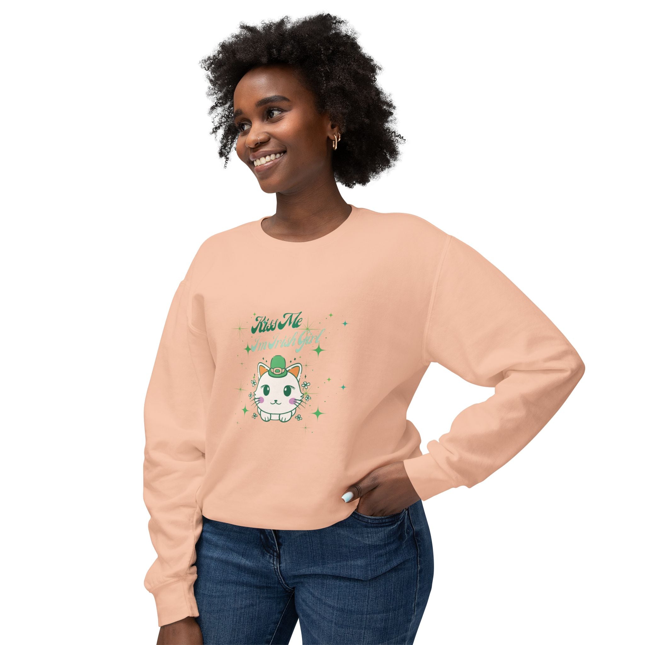 Kiss Me I'm Irish Cat Unisex Lightweight Crewneck Sweatshirt