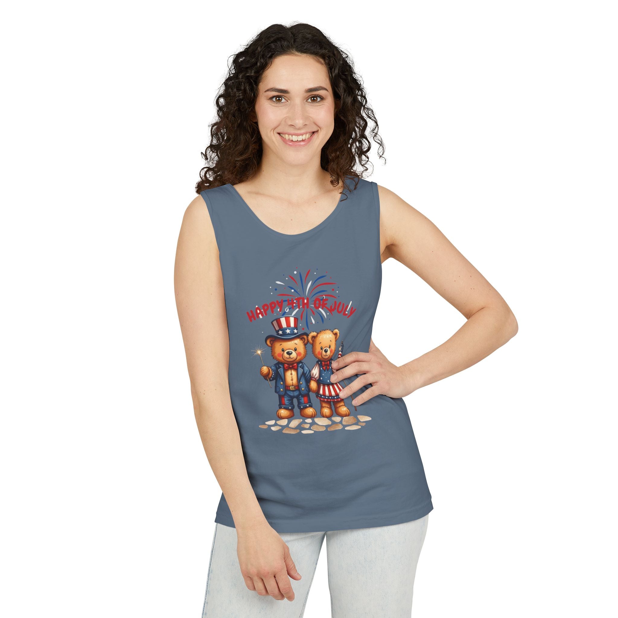 Happy 4th of July Teddy Bear Couple Tank Top