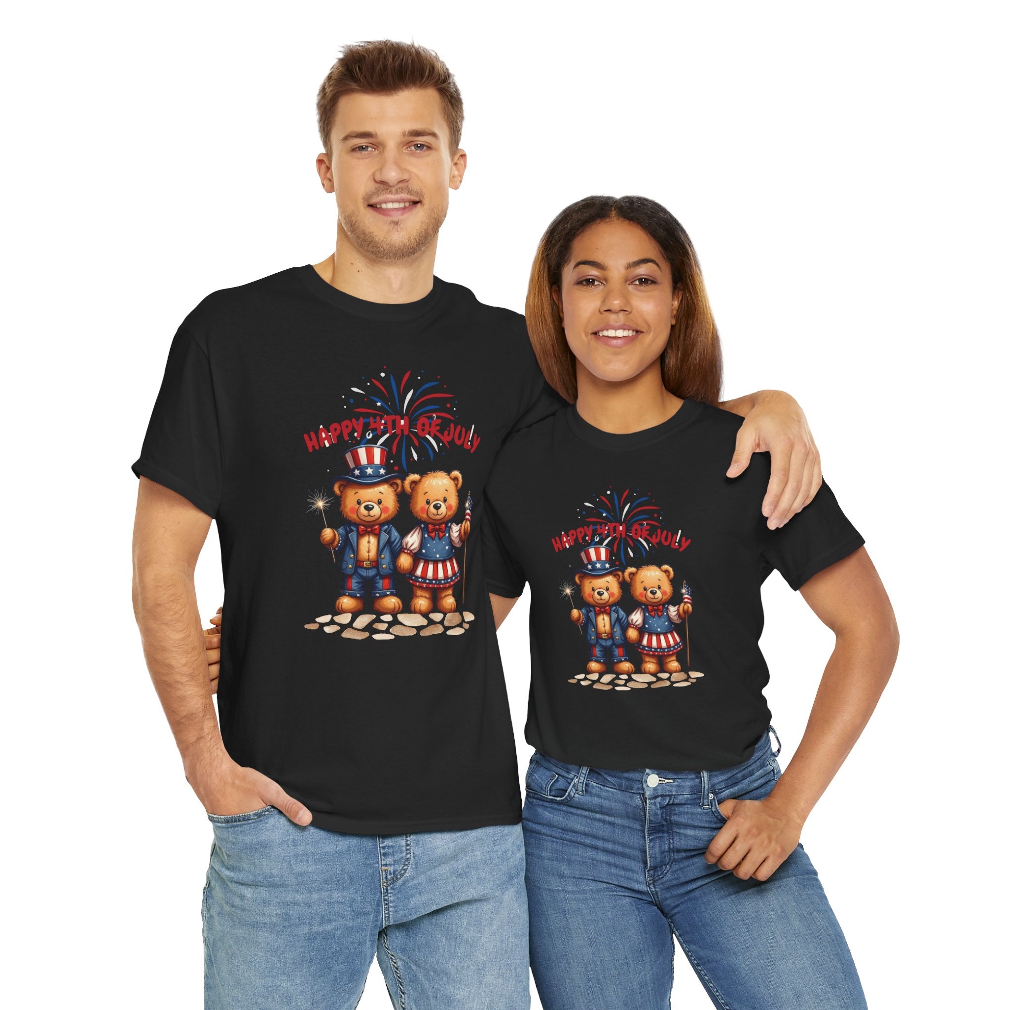 Happy 4th of July Teddy Bear Couple Unisex Heavy Cotton Tee