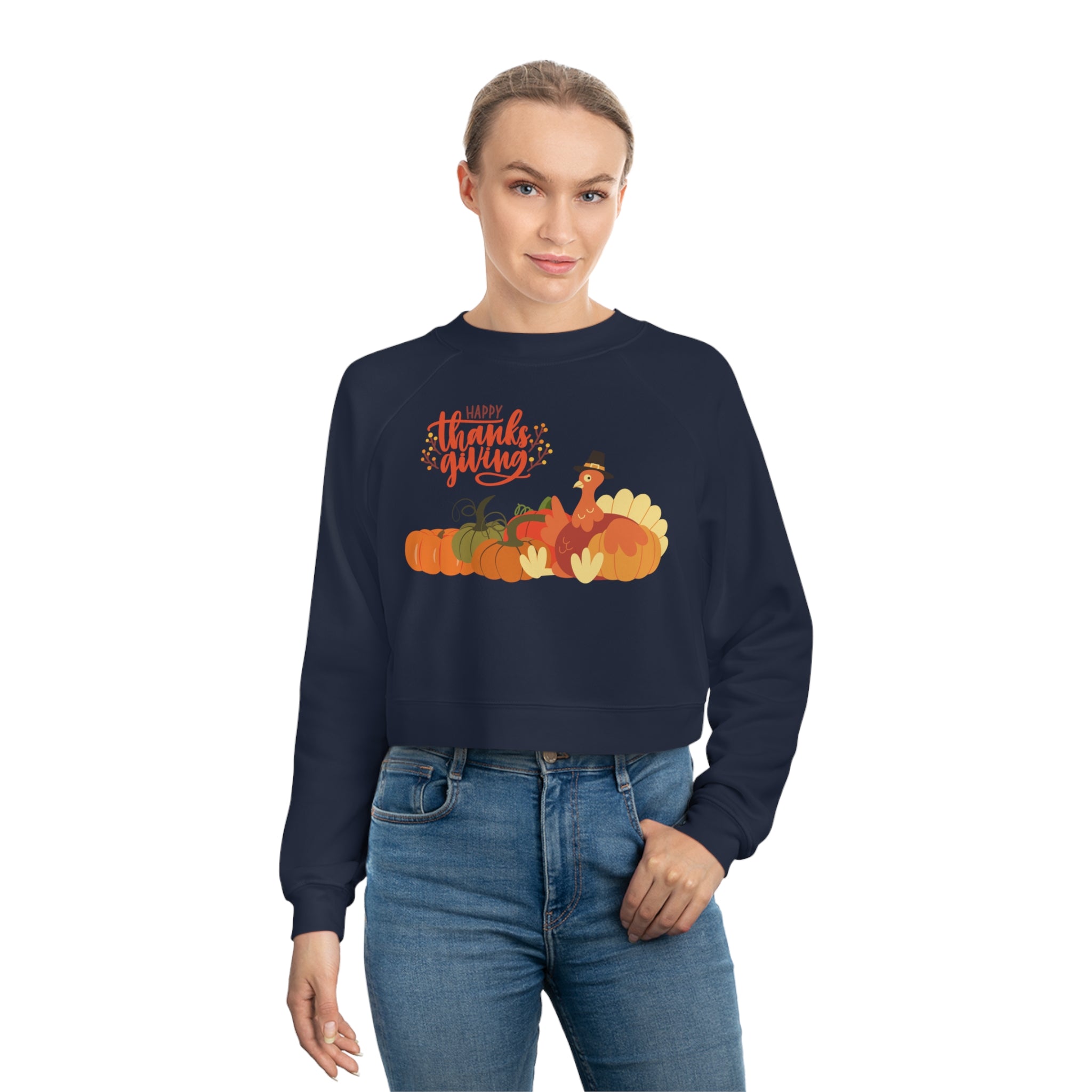 Happy Thanksgiving Turkey Women's Cropped Fleece Pullover