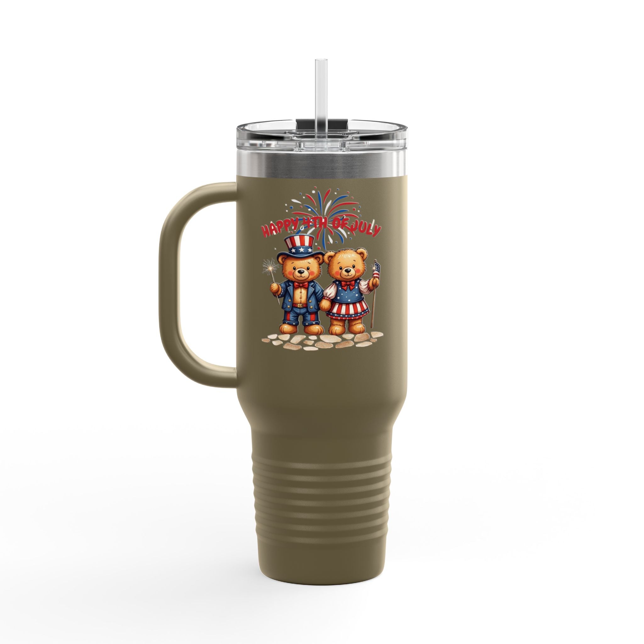 Happy 4th of July Teddy Bear Couple Insulated Travel Mug, 40oz