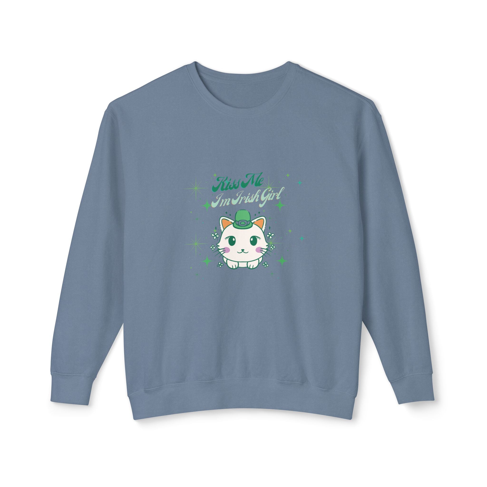Kiss Me I'm Irish Cat Unisex Lightweight Crewneck Sweatshirt