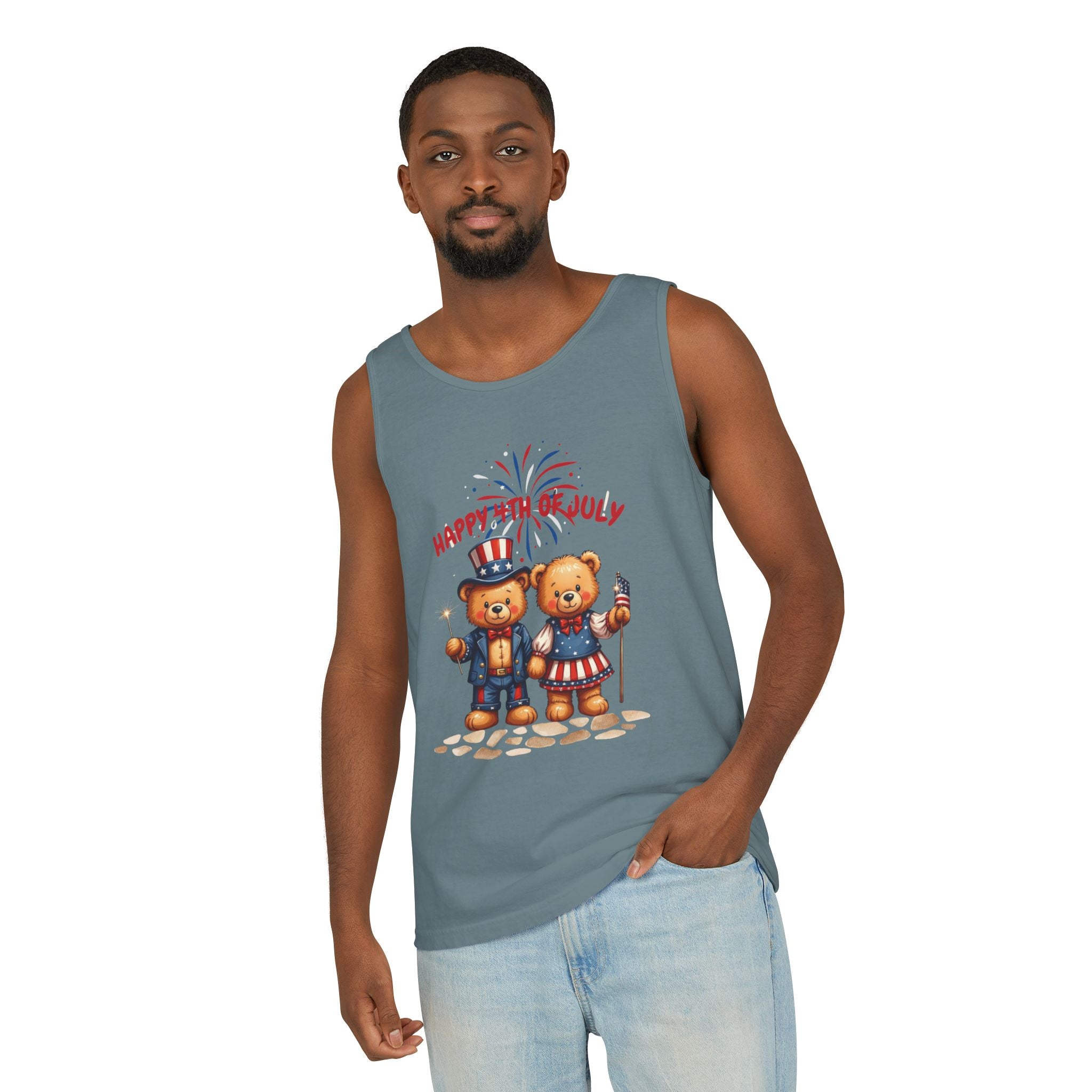 Happy 4th of July Teddy Bear Couple Tank Top