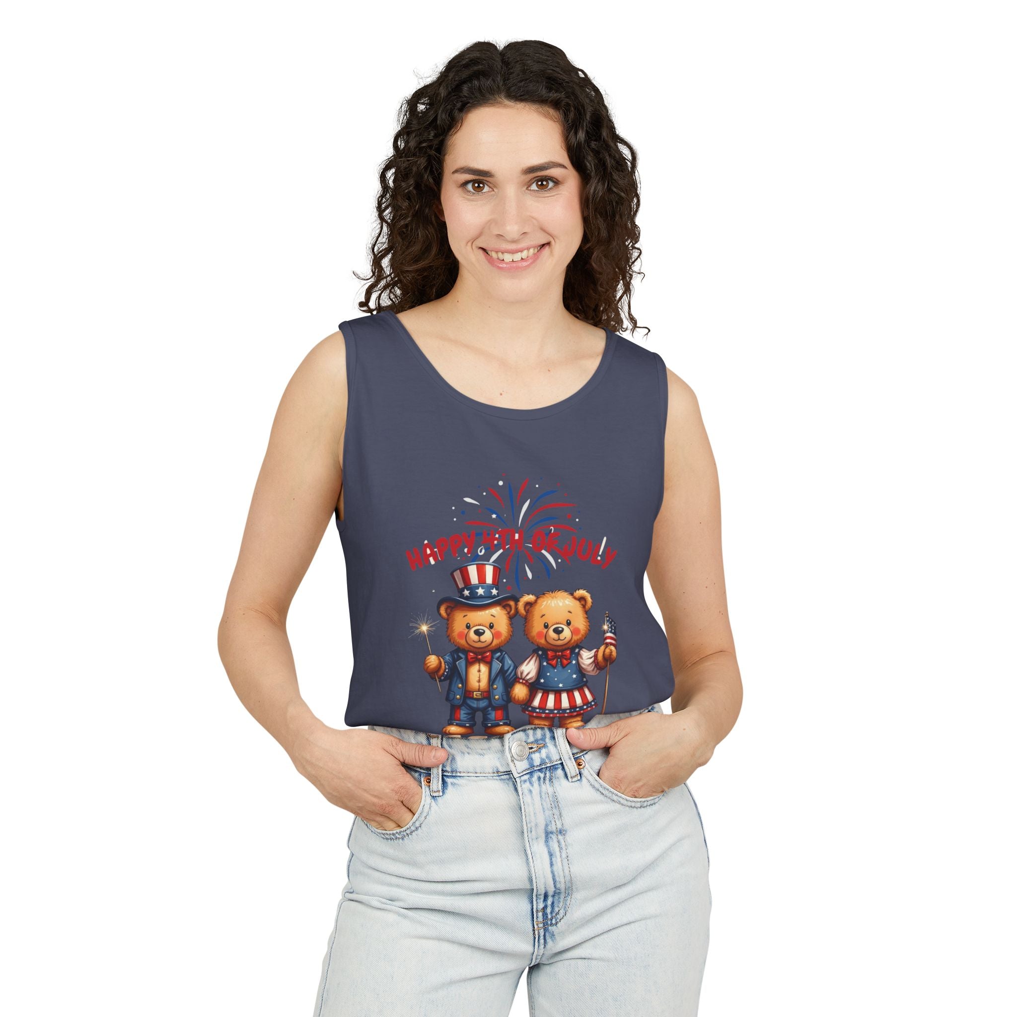 Happy 4th of July Teddy Bear Couple Tank Top