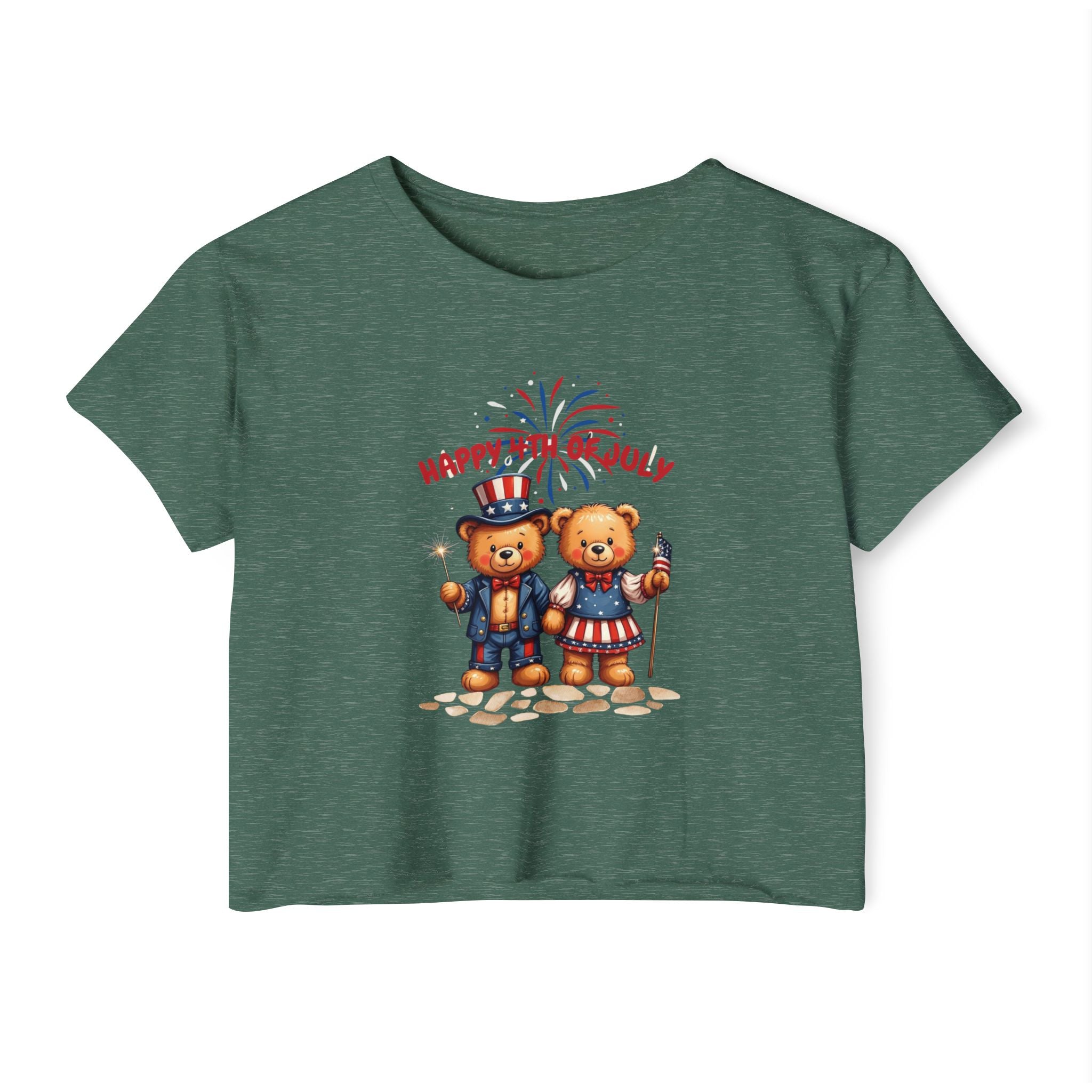 Happy 4th of July Teddy Bear Couple  Crop Top