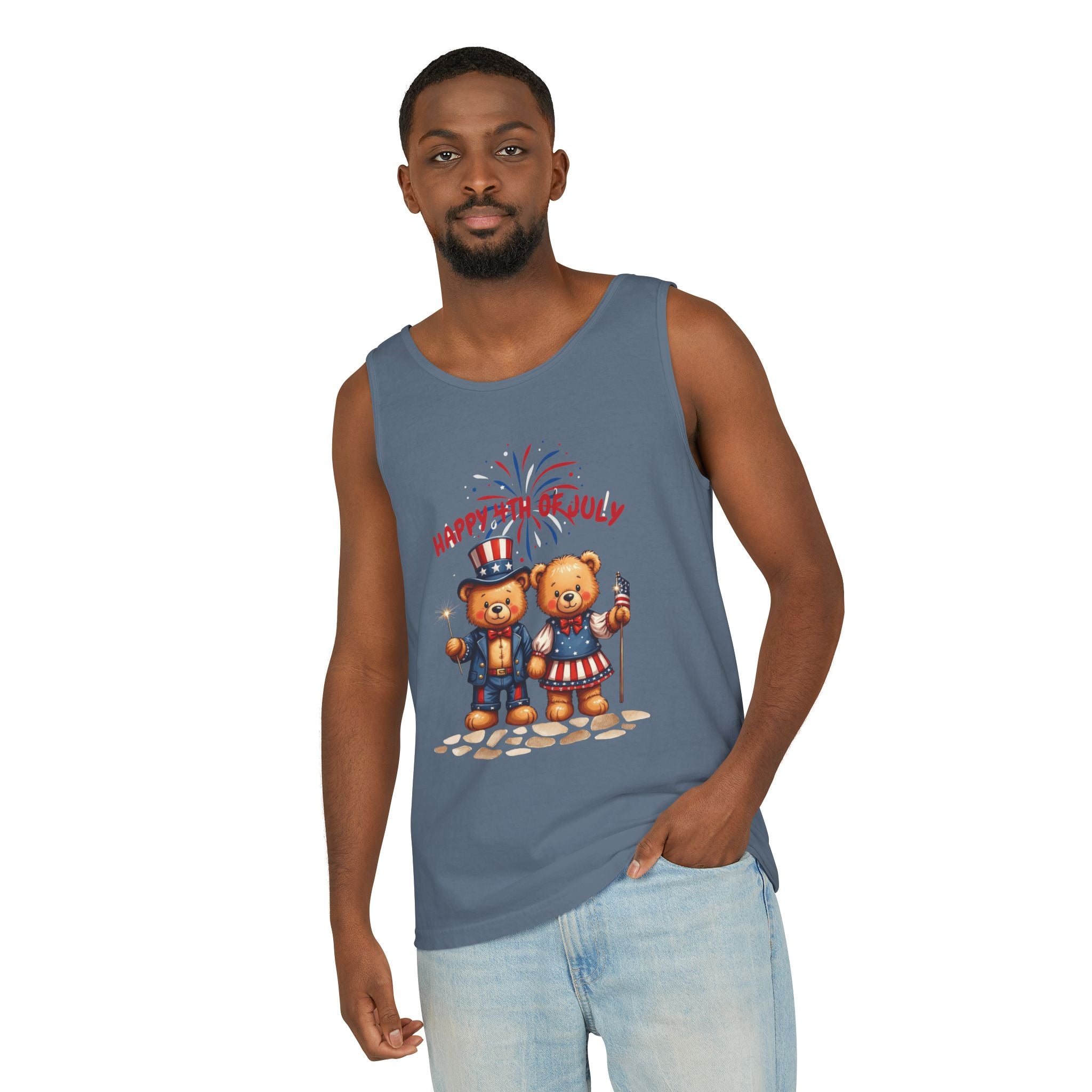Happy 4th of July Teddy Bear Couple Tank Top