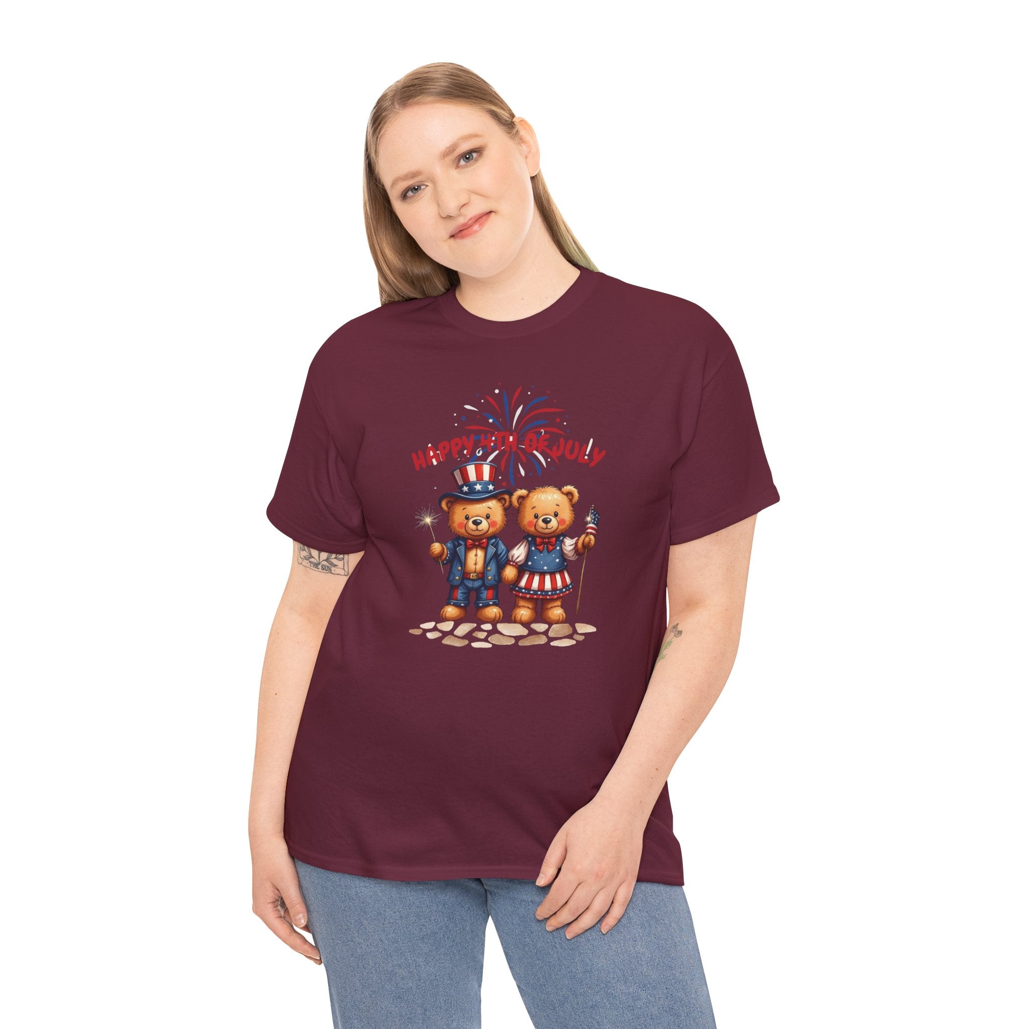 Happy 4th of July Teddy Bear Couple Unisex Heavy Cotton Tee