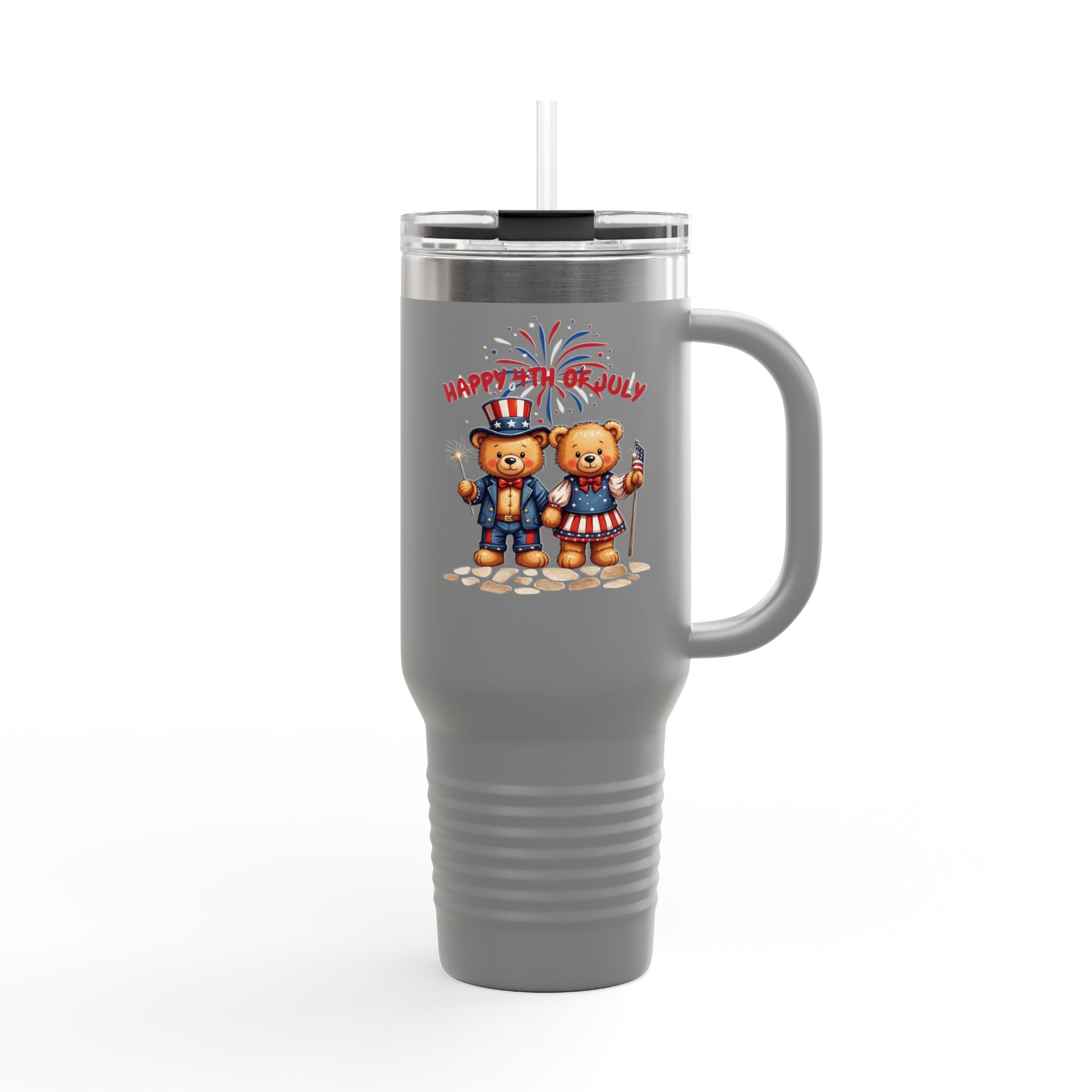 Happy 4th of July Teddy Bear Couple Insulated Travel Mug, 40oz
