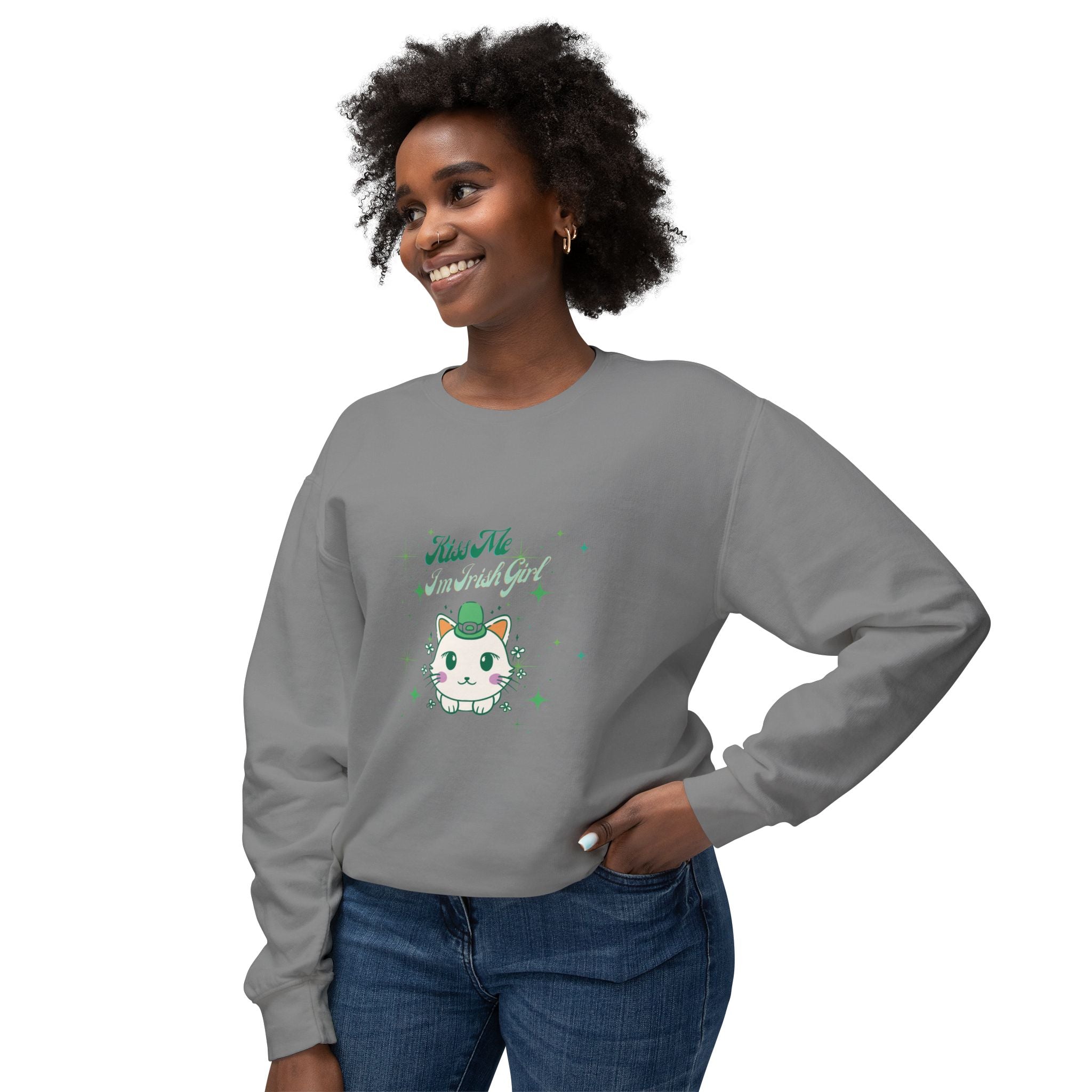 Kiss Me I'm Irish Cat Unisex Lightweight Crewneck Sweatshirt