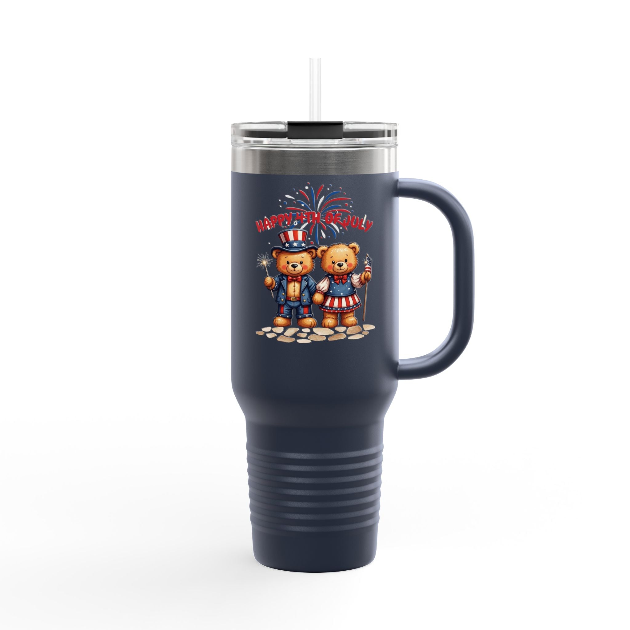 Happy 4th of July Teddy Bear Couple Insulated Travel Mug, 40oz