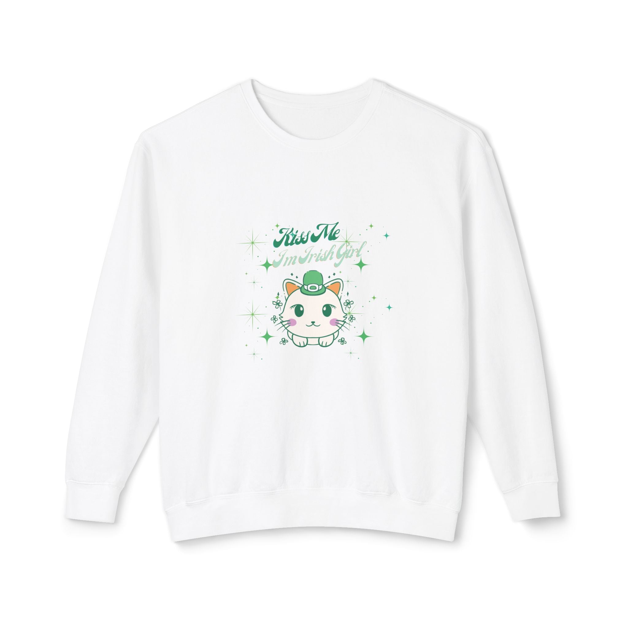 Kiss Me I'm Irish Cat Unisex Lightweight Crewneck Sweatshirt
