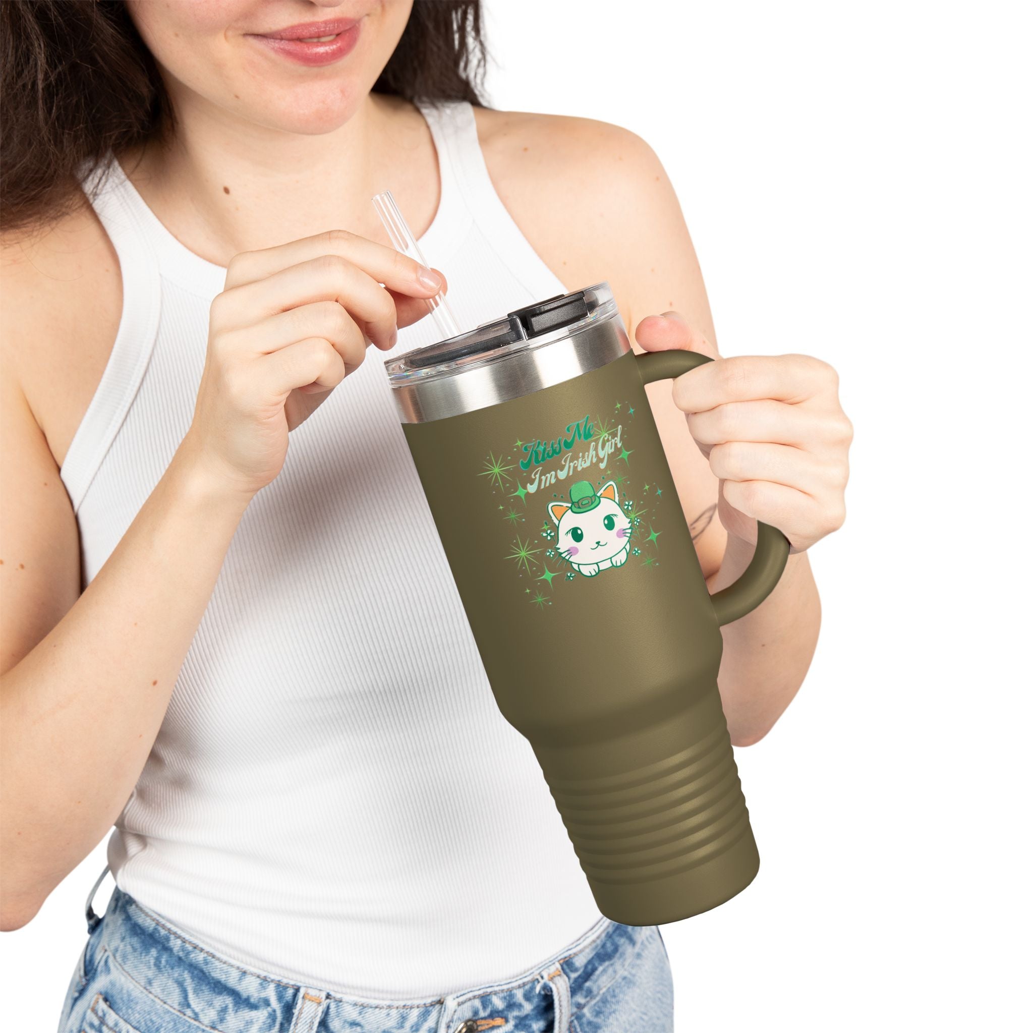Kiss Me I'm Irish Cat Insulated Travel Mug - 40oz