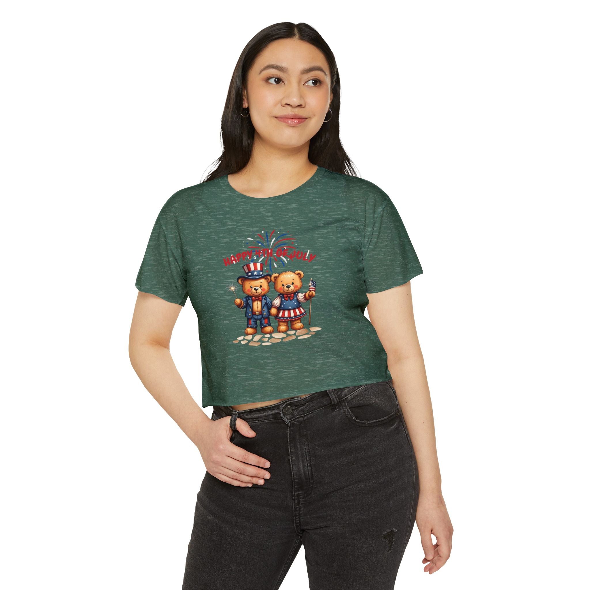 Happy 4th of July Teddy Bear Couple  Crop Top