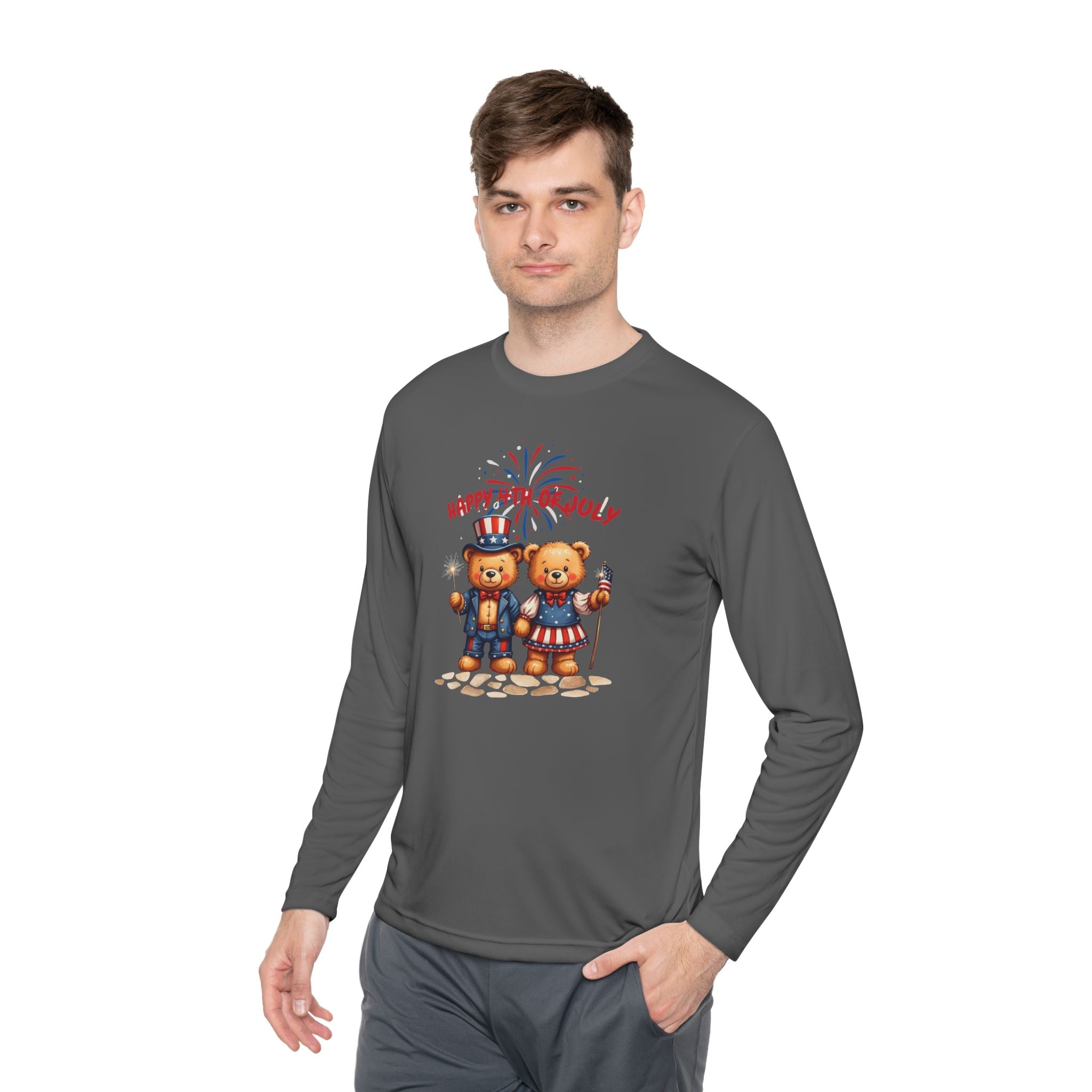 Happy 4th of July Teddy Bear Couple  Unisex Lightweight Long Sleeve Tee