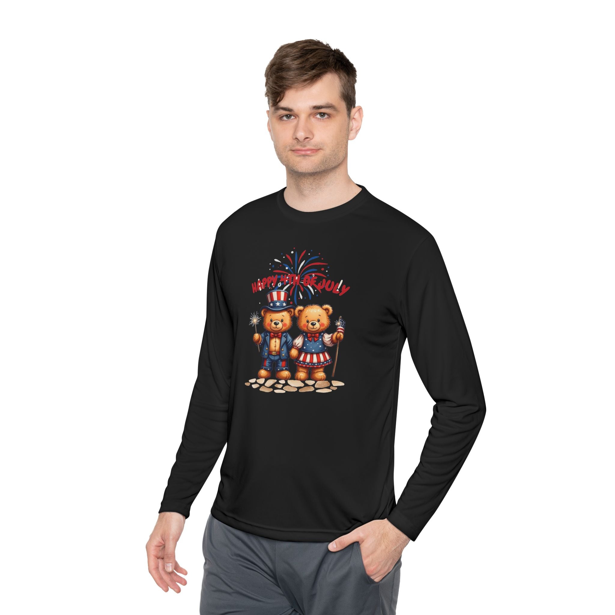 Happy 4th of July Teddy Bear Couple  Unisex Lightweight Long Sleeve Tee