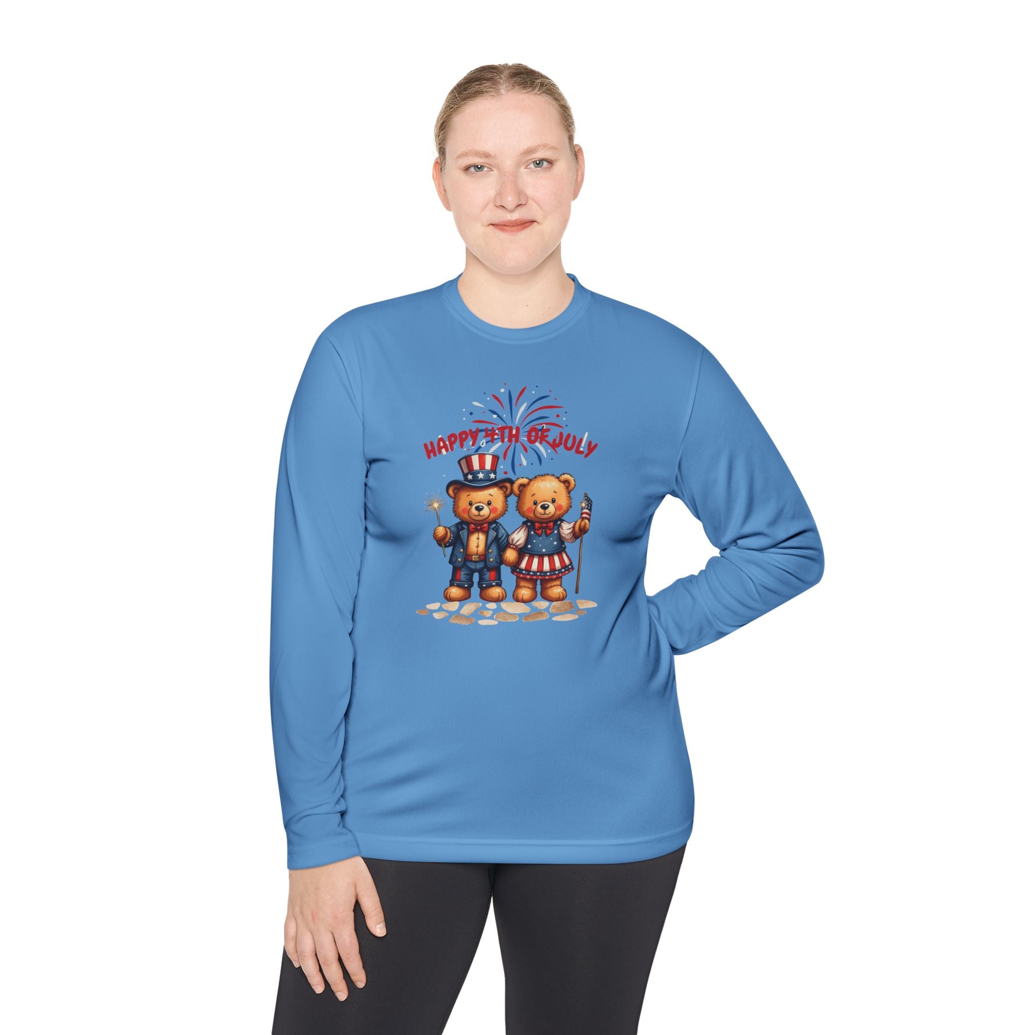 Happy 4th of July Teddy Bear Couple  Unisex Lightweight Long Sleeve Tee