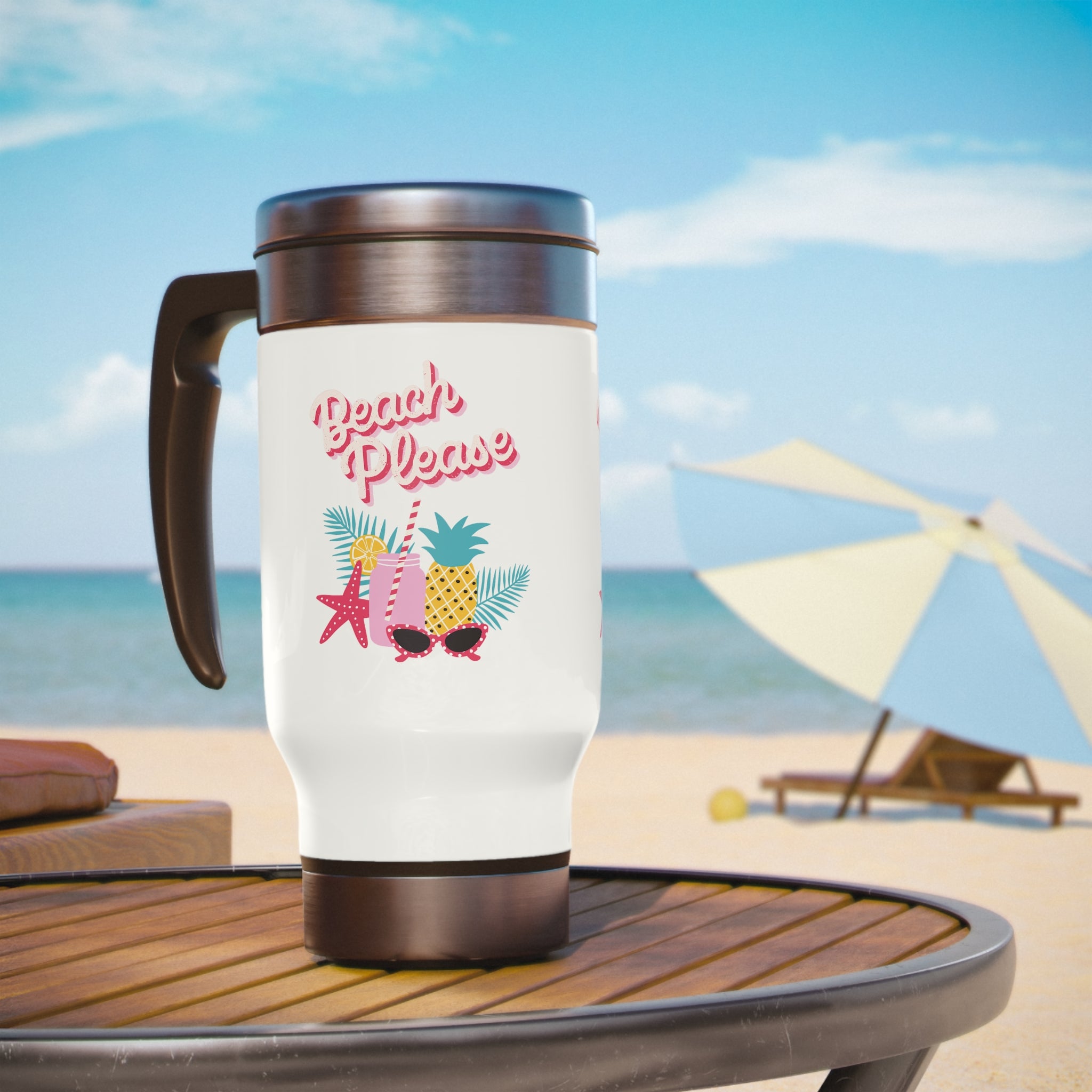 Beach Please Stainless Steel Travel Mug with Handle, 14oz