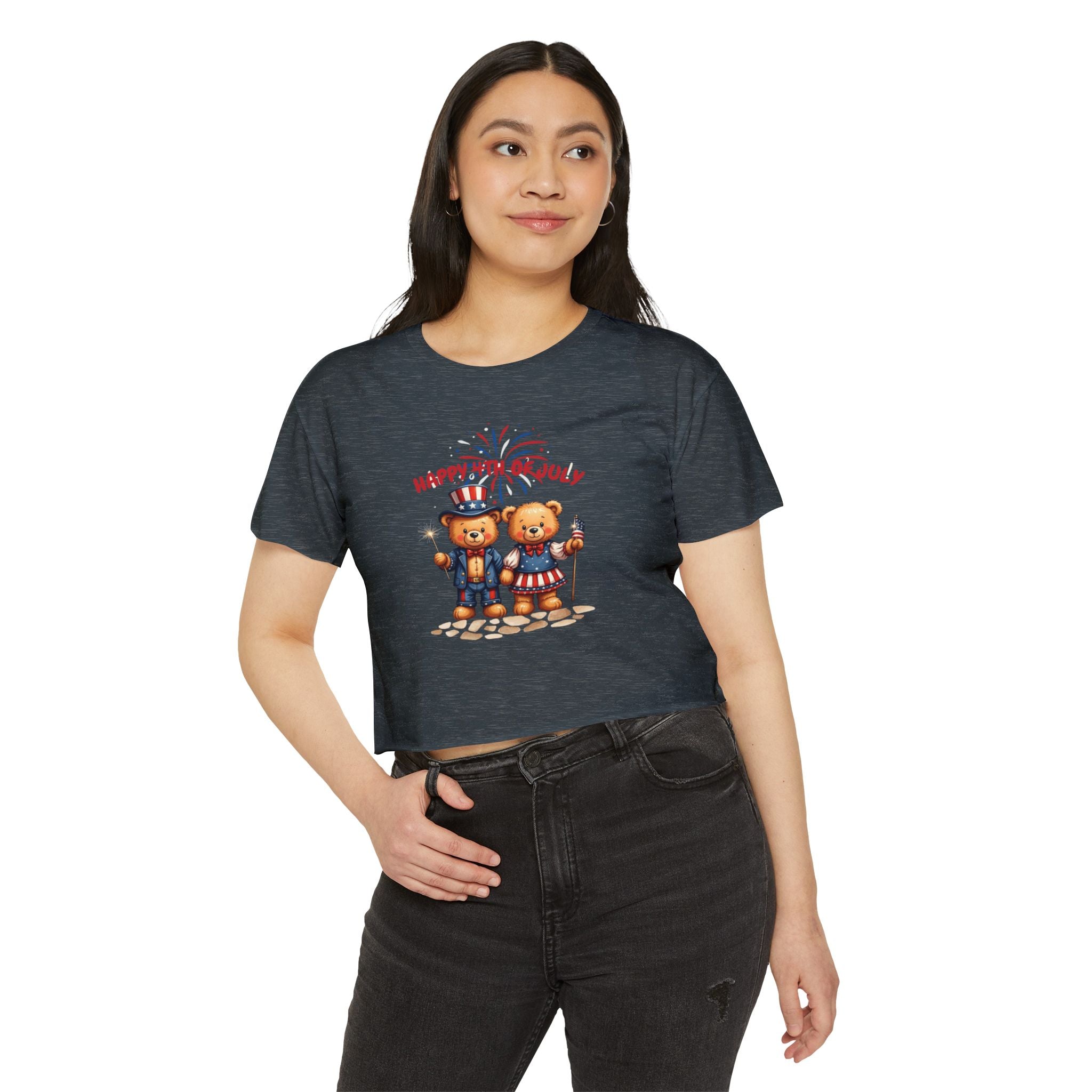 Happy 4th of July Teddy Bear Couple  Crop Top