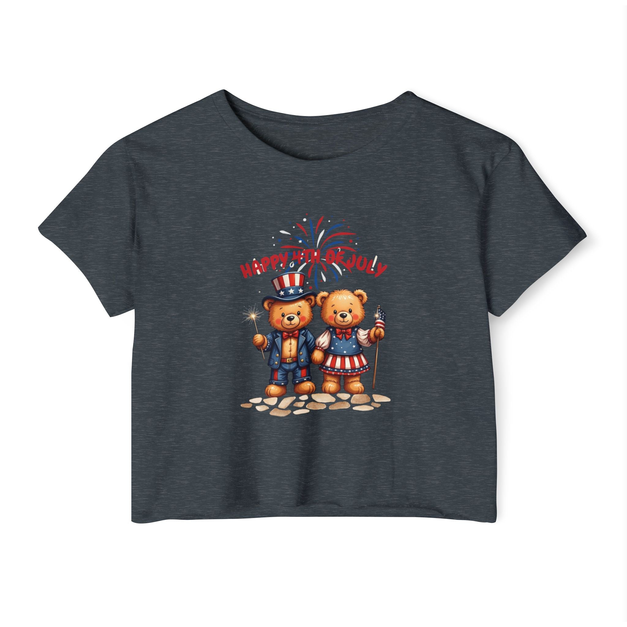 Happy 4th of July Teddy Bear Couple  Crop Top