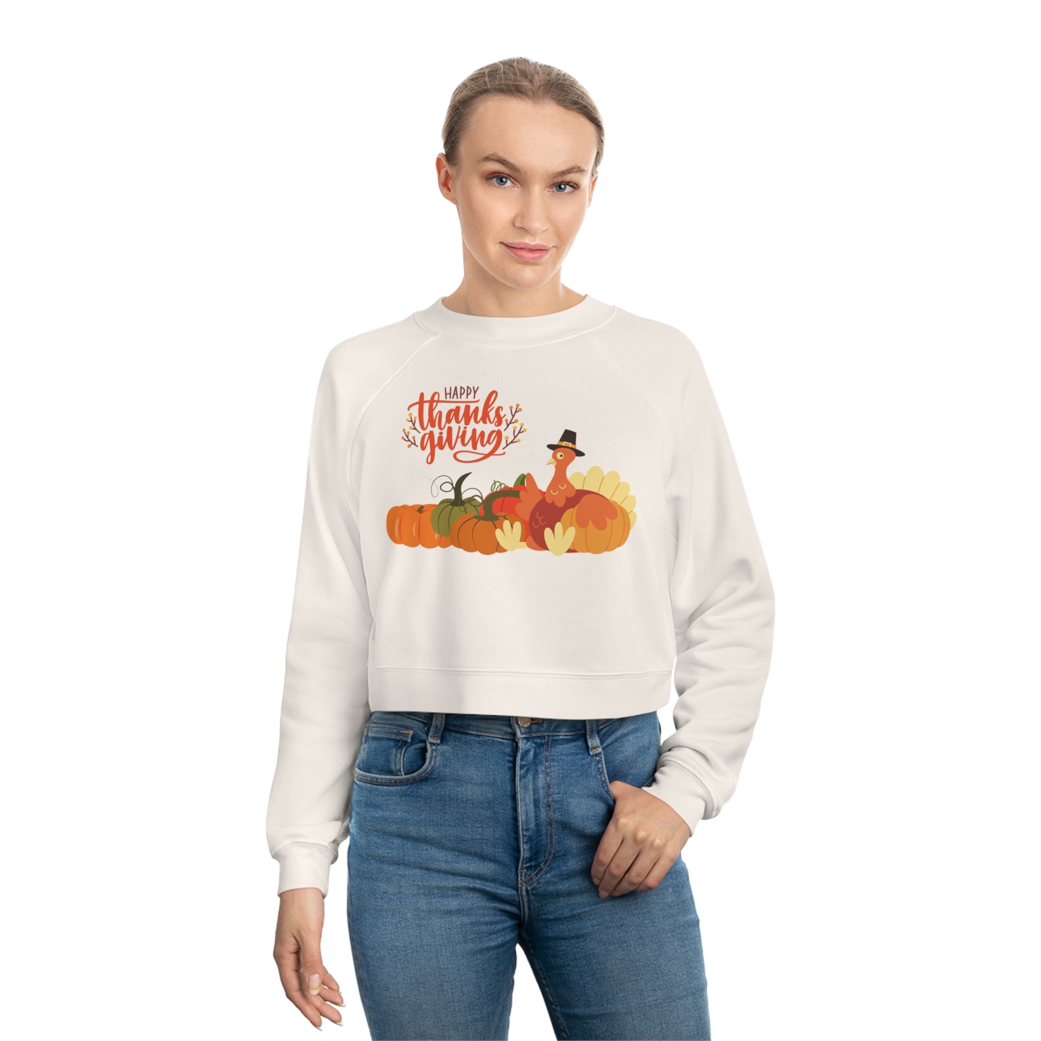 Happy Thanksgiving Turkey Women's Cropped Fleece Pullover