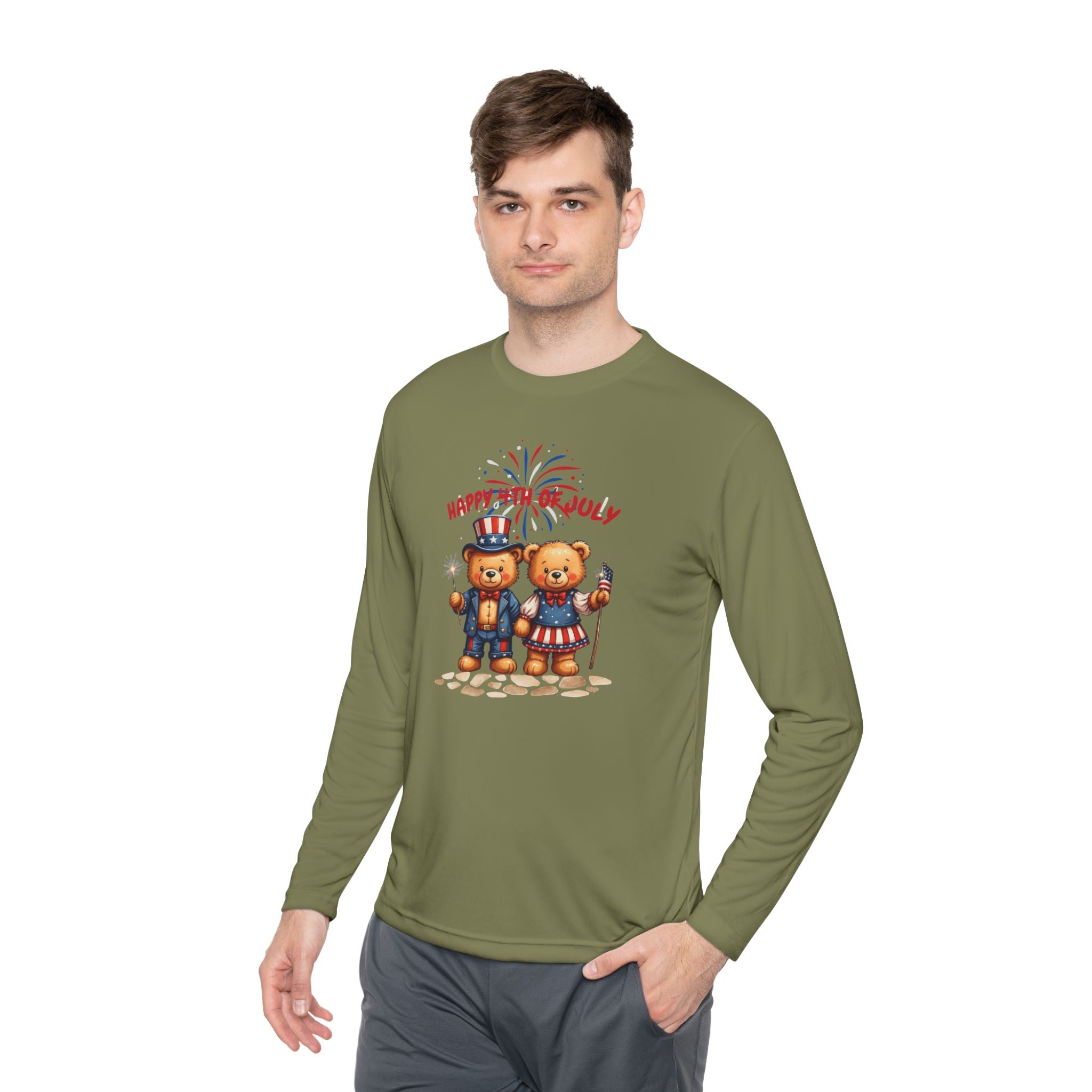 Happy 4th of July Teddy Bear Couple  Unisex Lightweight Long Sleeve Tee