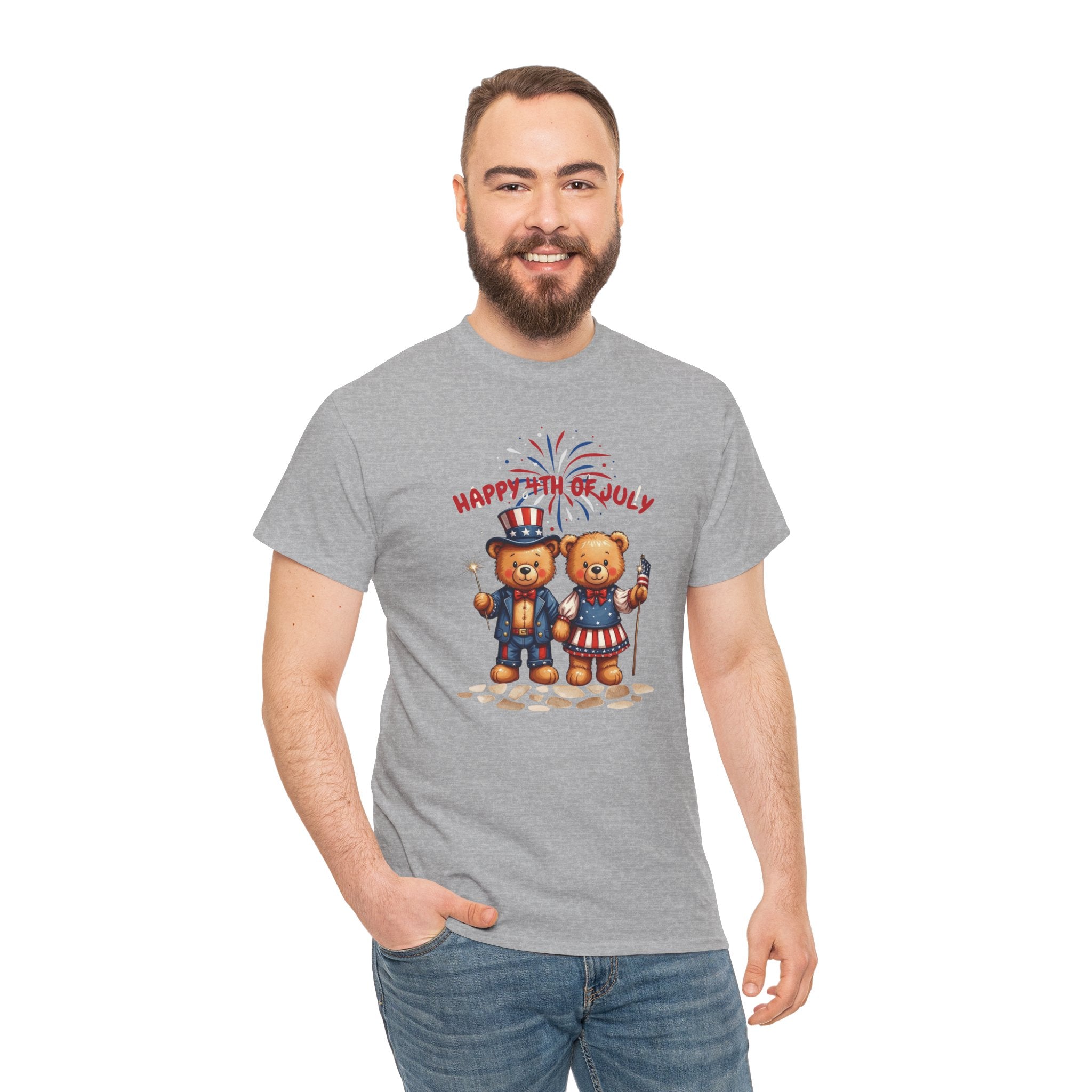 Happy 4th of July Teddy Bear Couple Unisex Heavy Cotton Tee