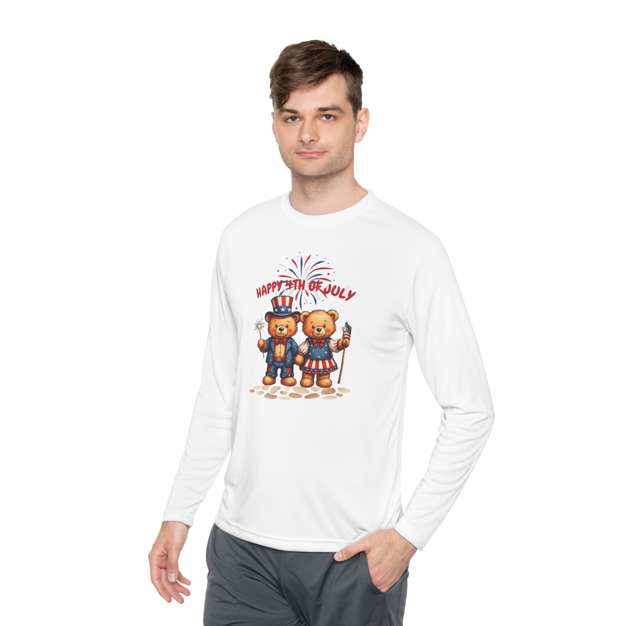 Happy 4th of July Teddy Bear Couple  Unisex Lightweight Long Sleeve Tee