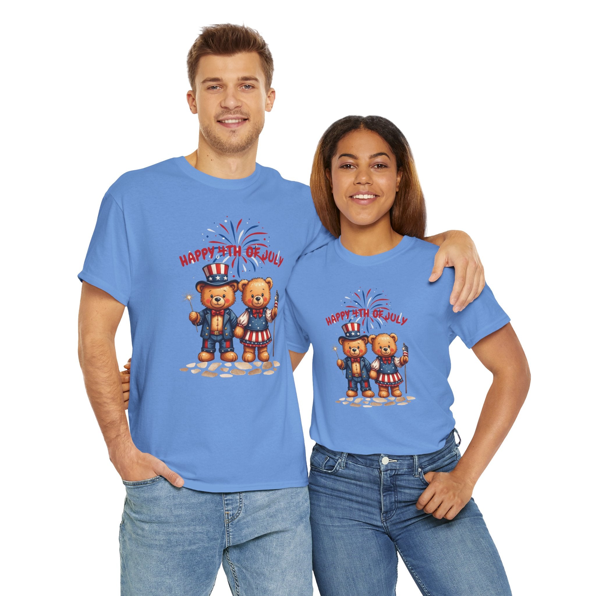 Happy 4th of July Teddy Bear Couple Unisex Heavy Cotton Tee