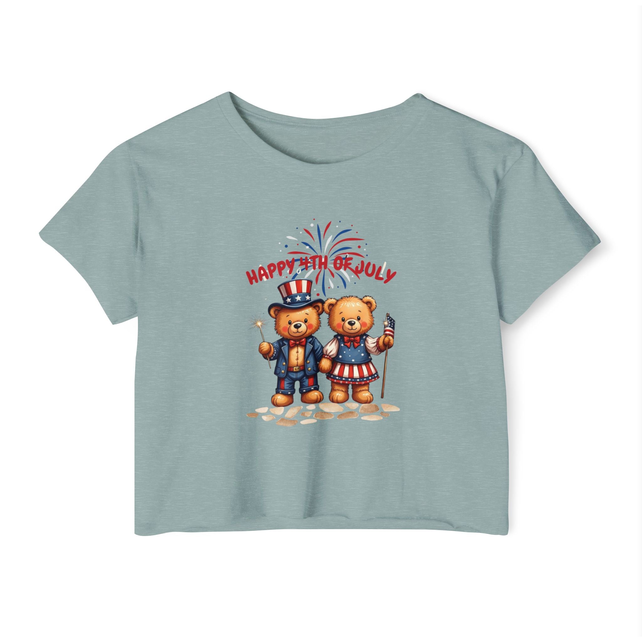 Happy 4th of July Teddy Bear Couple  Crop Top