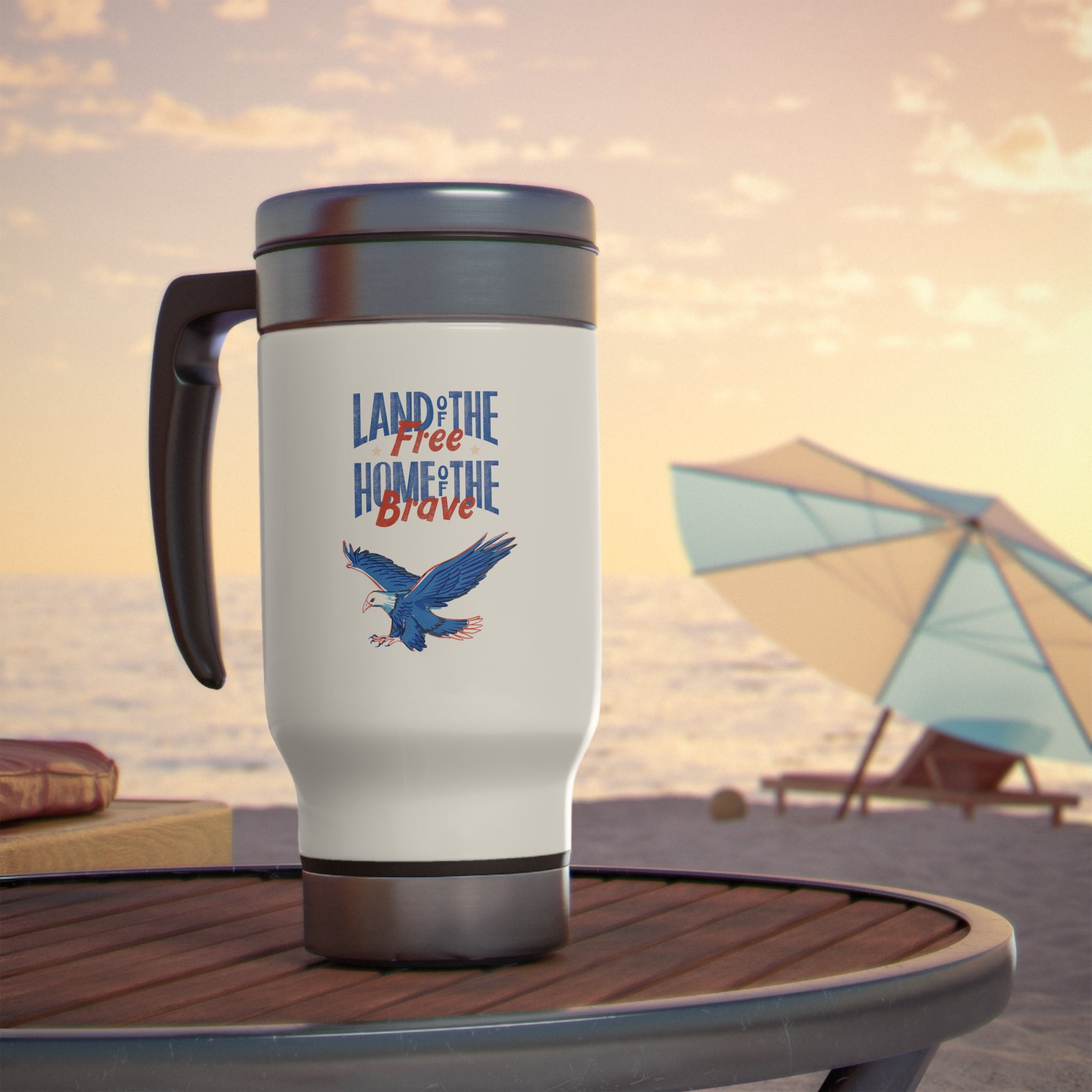 Land Of The Free Home Of The Brave Stainless Steel Travel Mug with Handle, 14oz