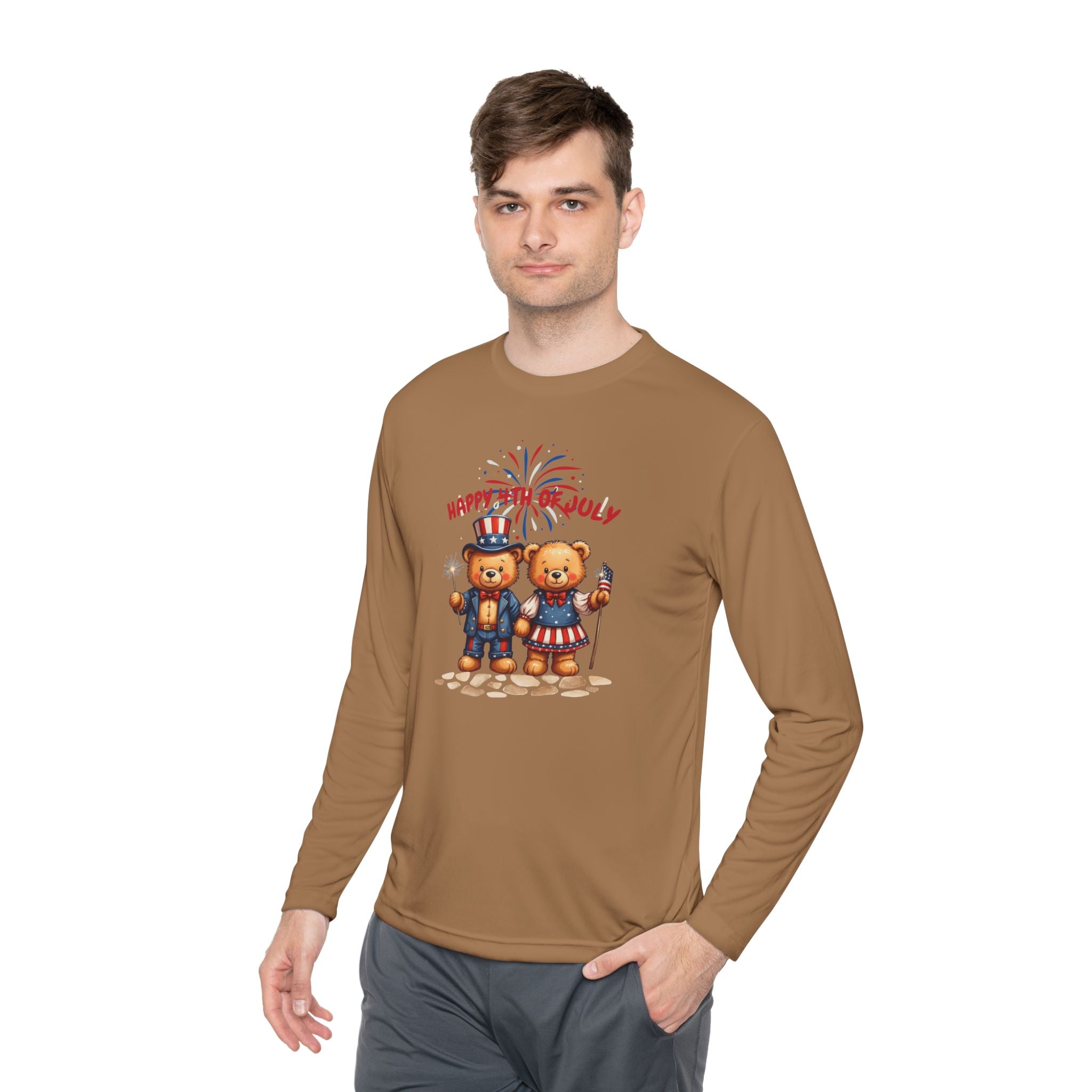 Happy 4th of July Teddy Bear Couple  Unisex Lightweight Long Sleeve Tee