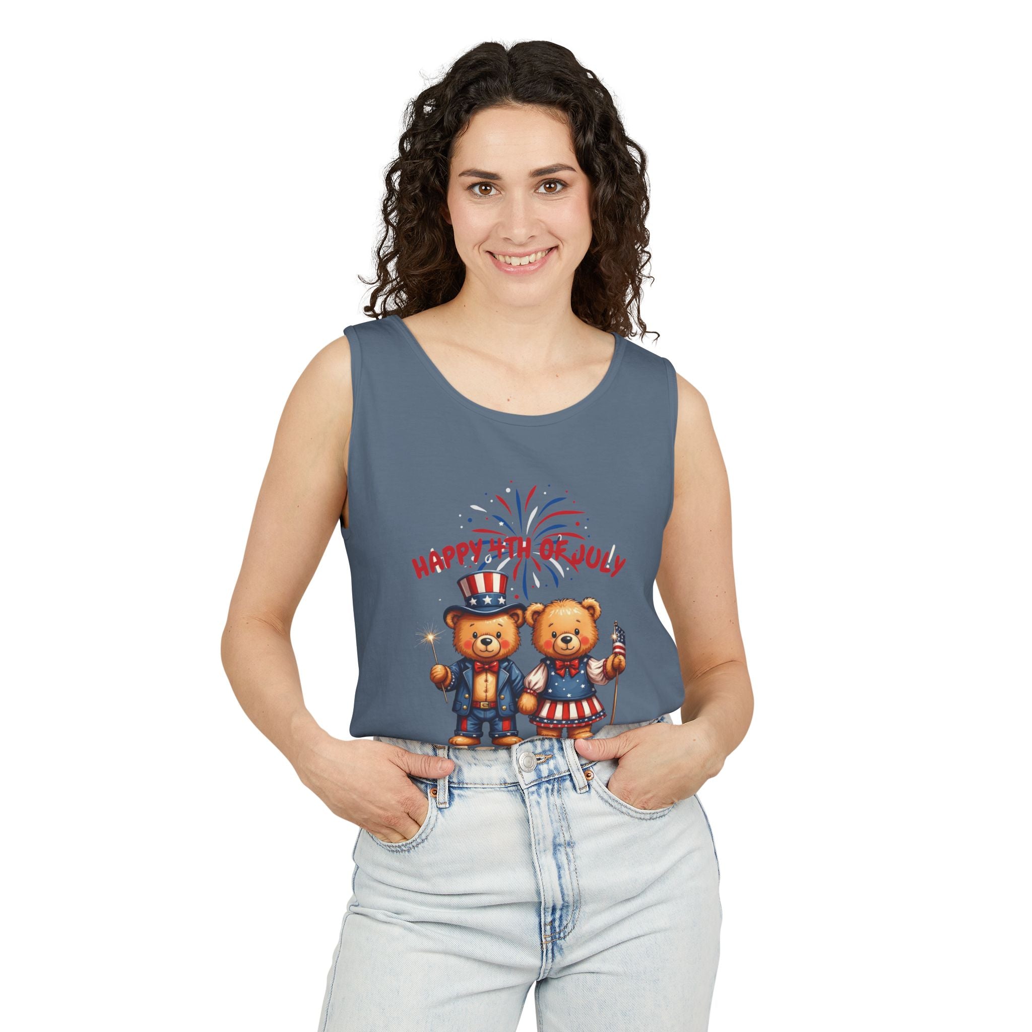 Happy 4th of July Teddy Bear Couple Tank Top