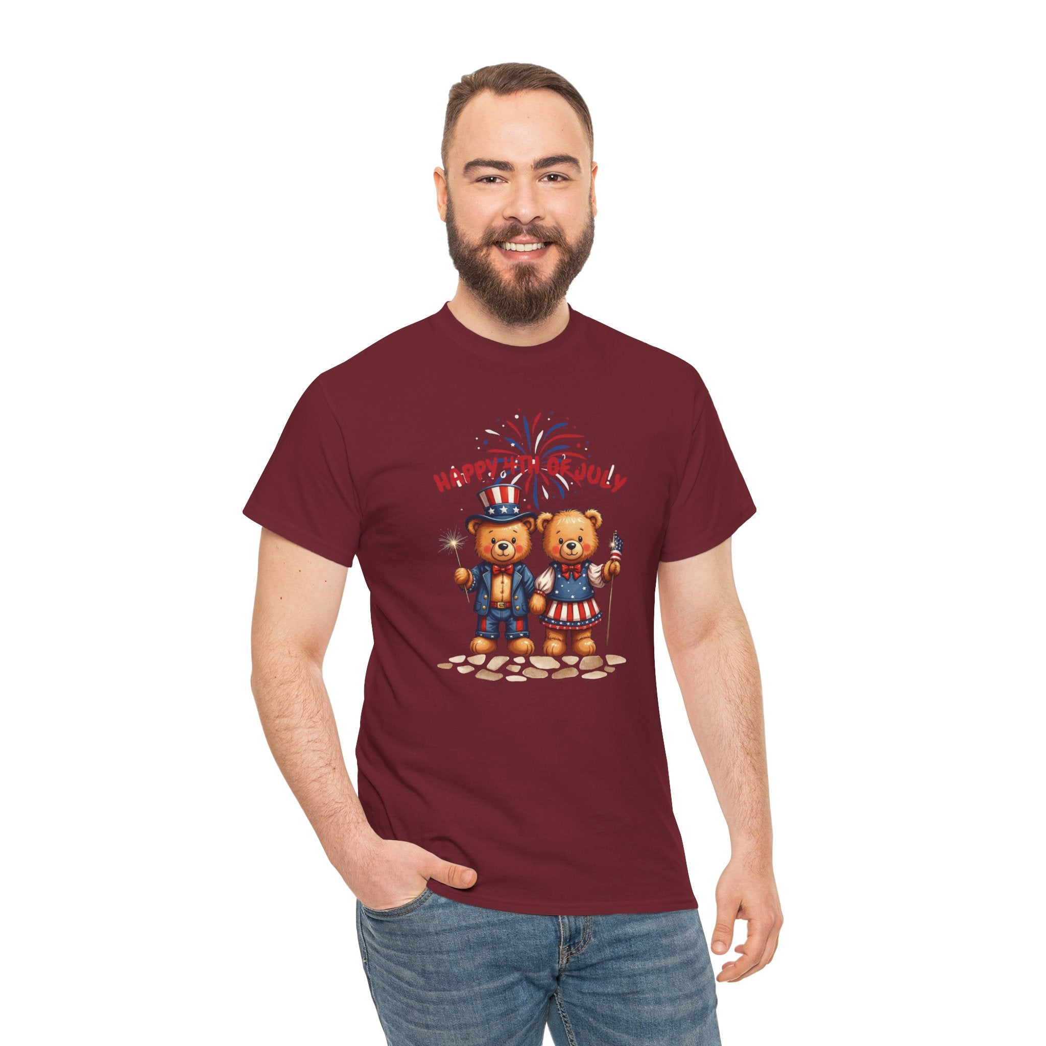 Happy 4th of July Teddy Bear Couple Unisex Heavy Cotton Tee