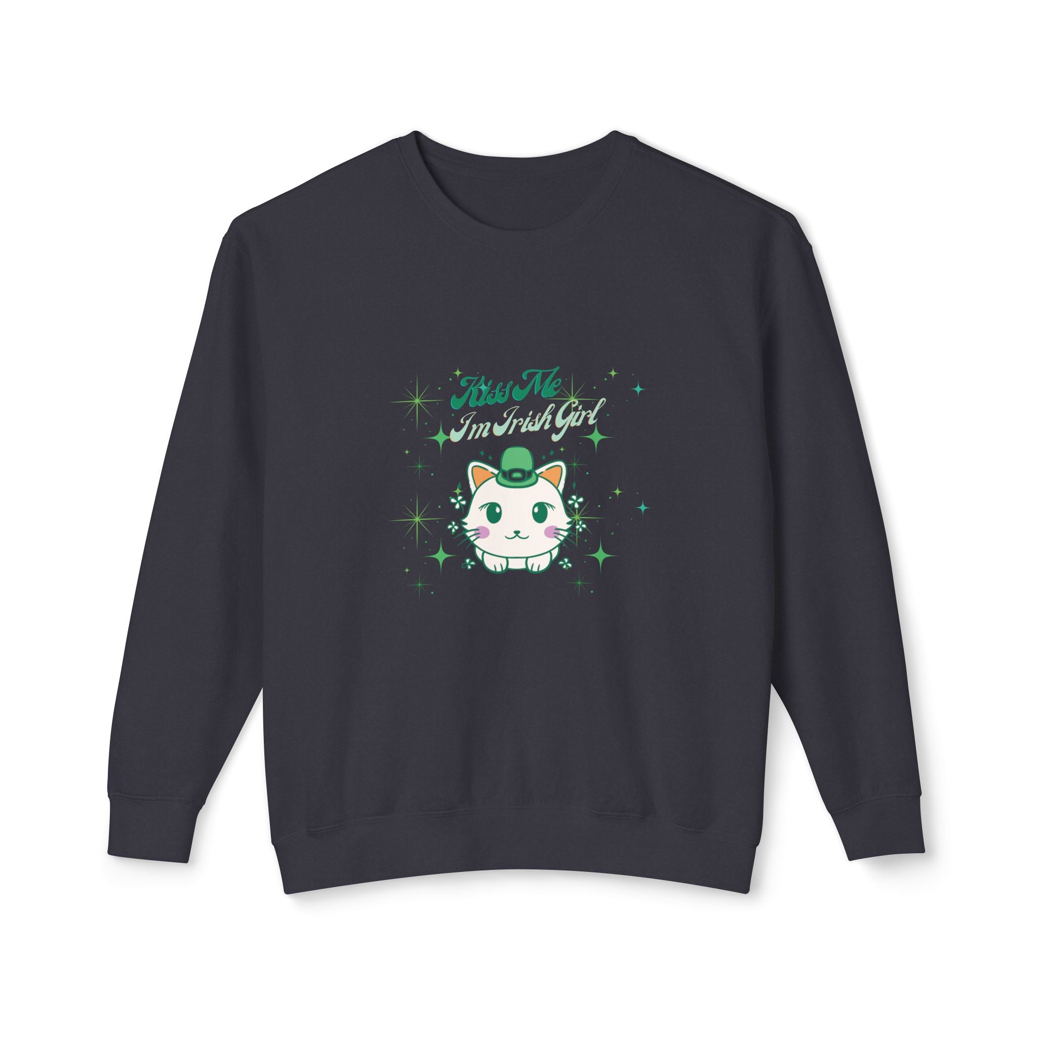Kiss Me I'm Irish Cat Unisex Lightweight Crewneck Sweatshirt