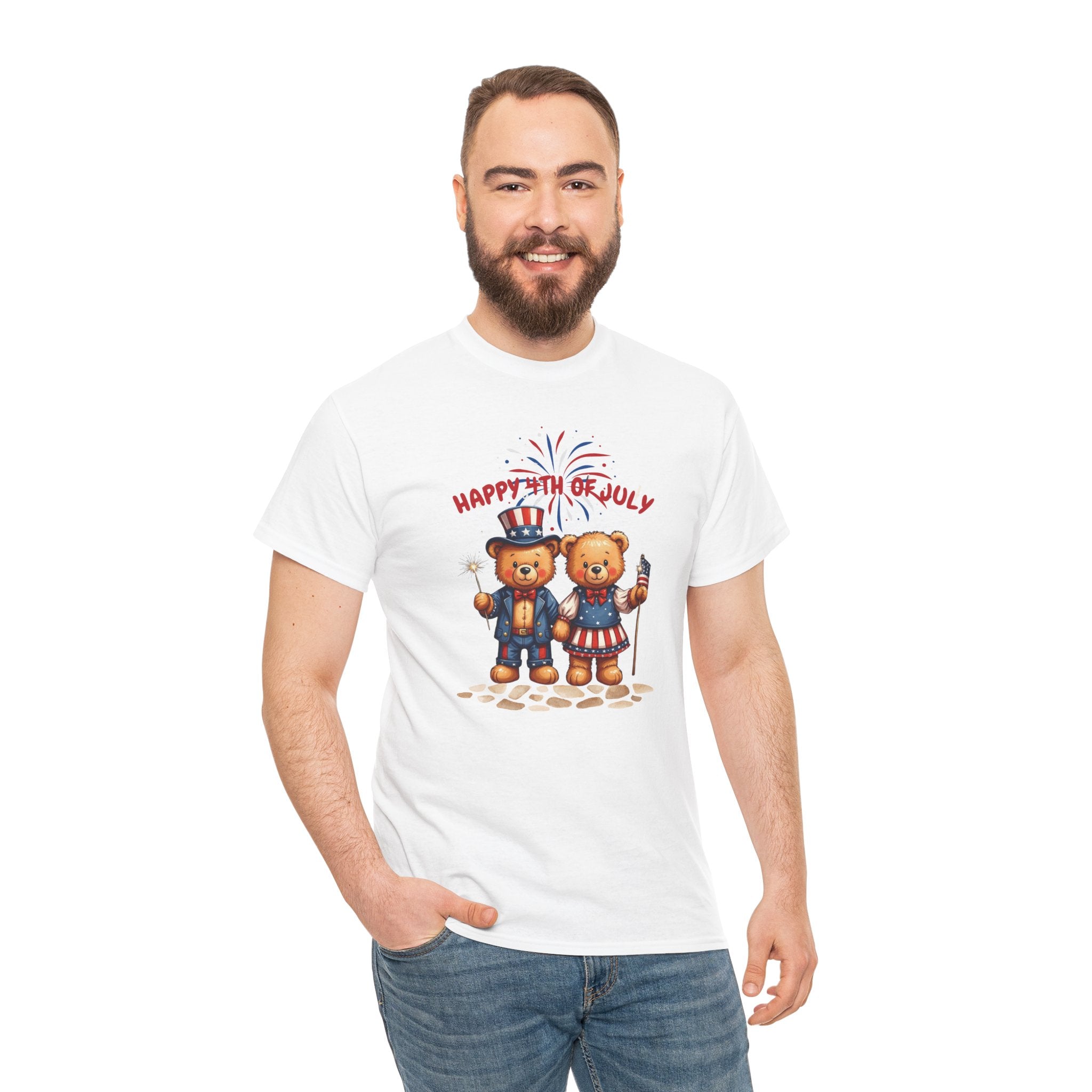 Happy 4th of July Teddy Bear Couple Unisex Heavy Cotton Tee