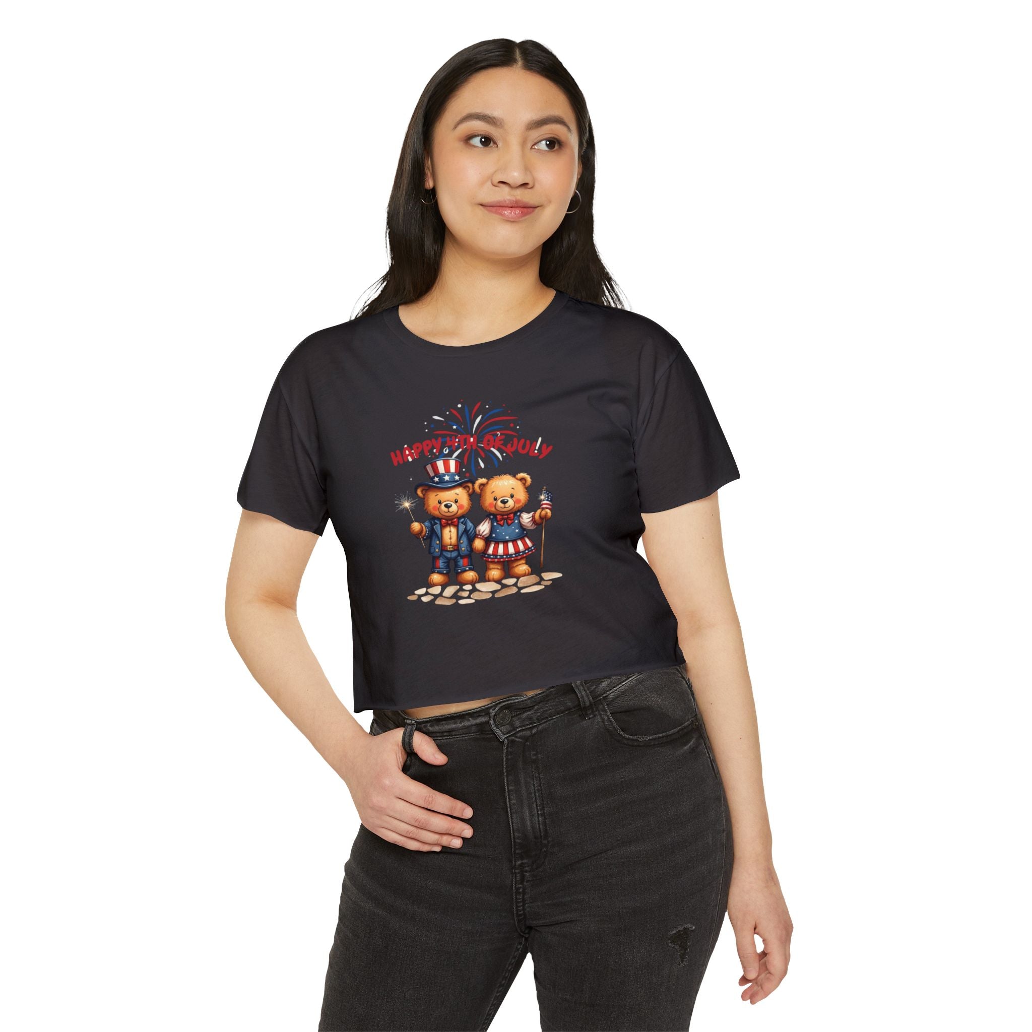 Happy 4th of July Teddy Bear Couple  Crop Top