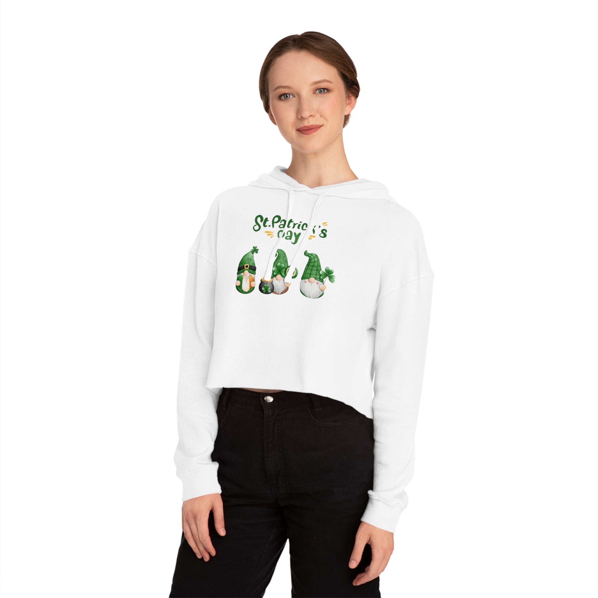 St Patty's Day Gnome Women’s Cropped Hooded Sweatshirt