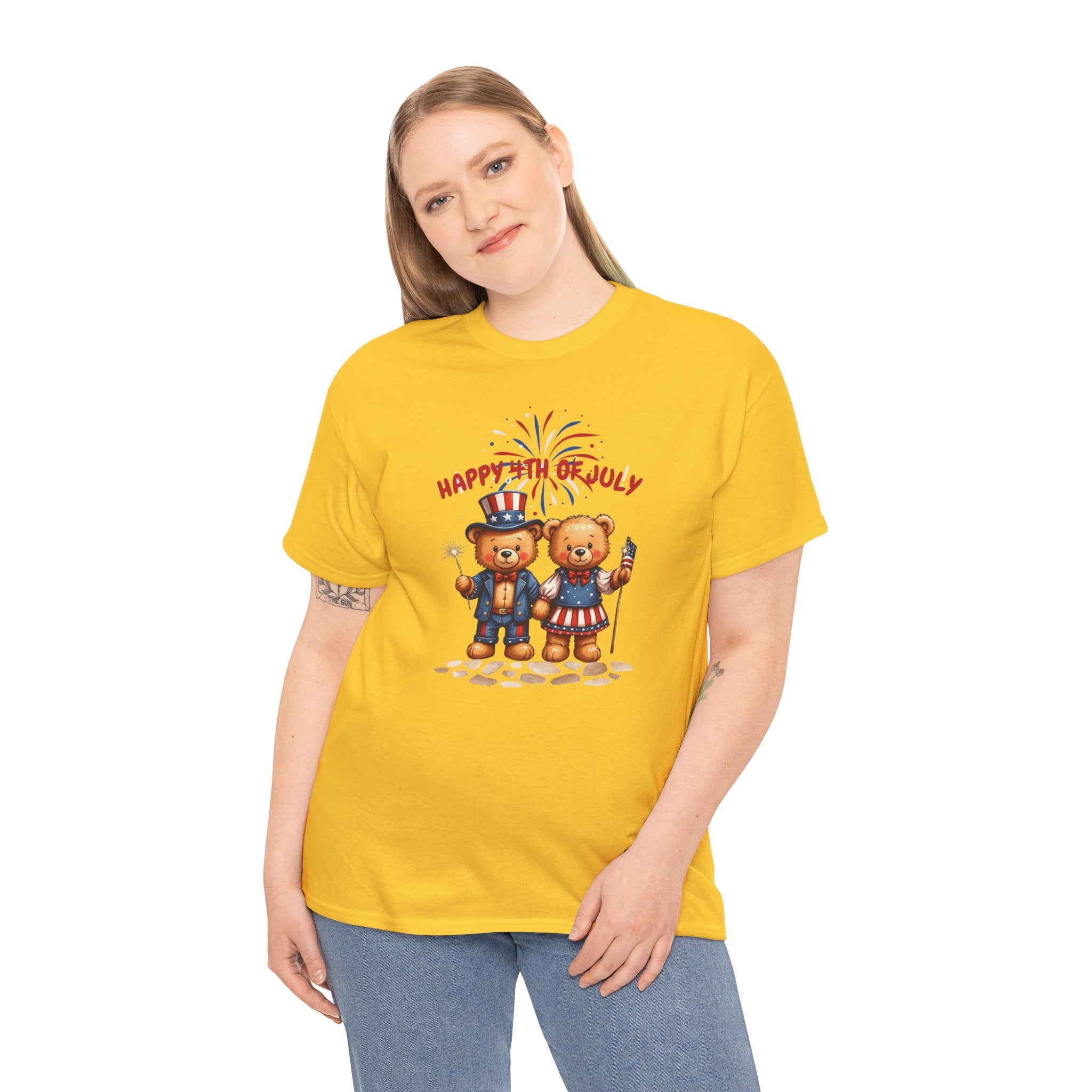 Happy 4th of July Teddy Bear Couple Unisex Heavy Cotton Tee